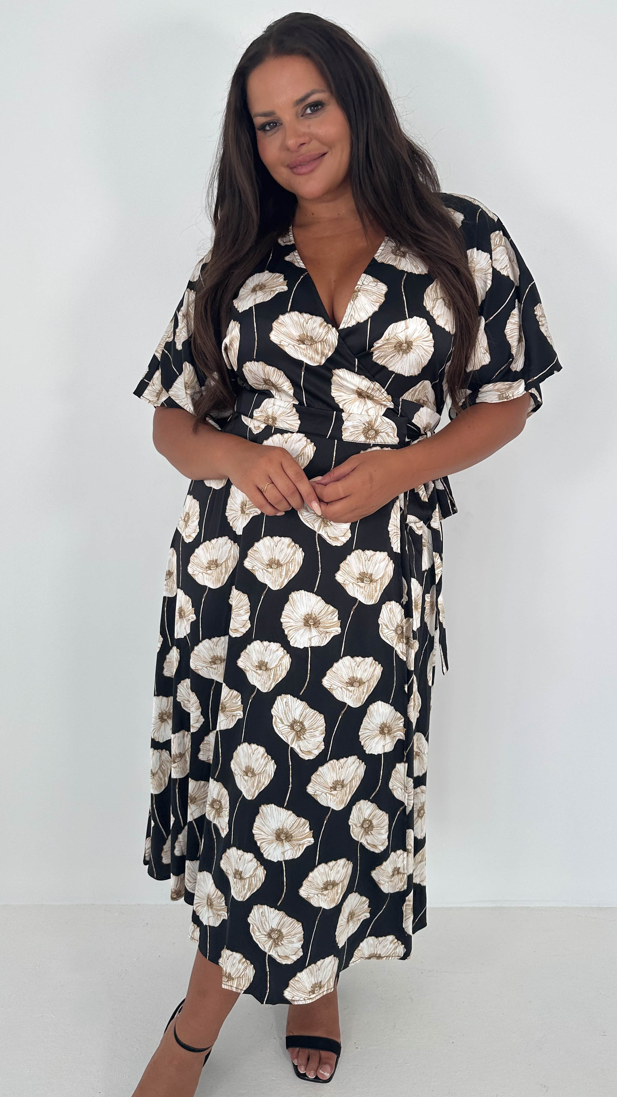 CurveWow Kimono Wrap Midaxi Dress White Poppy