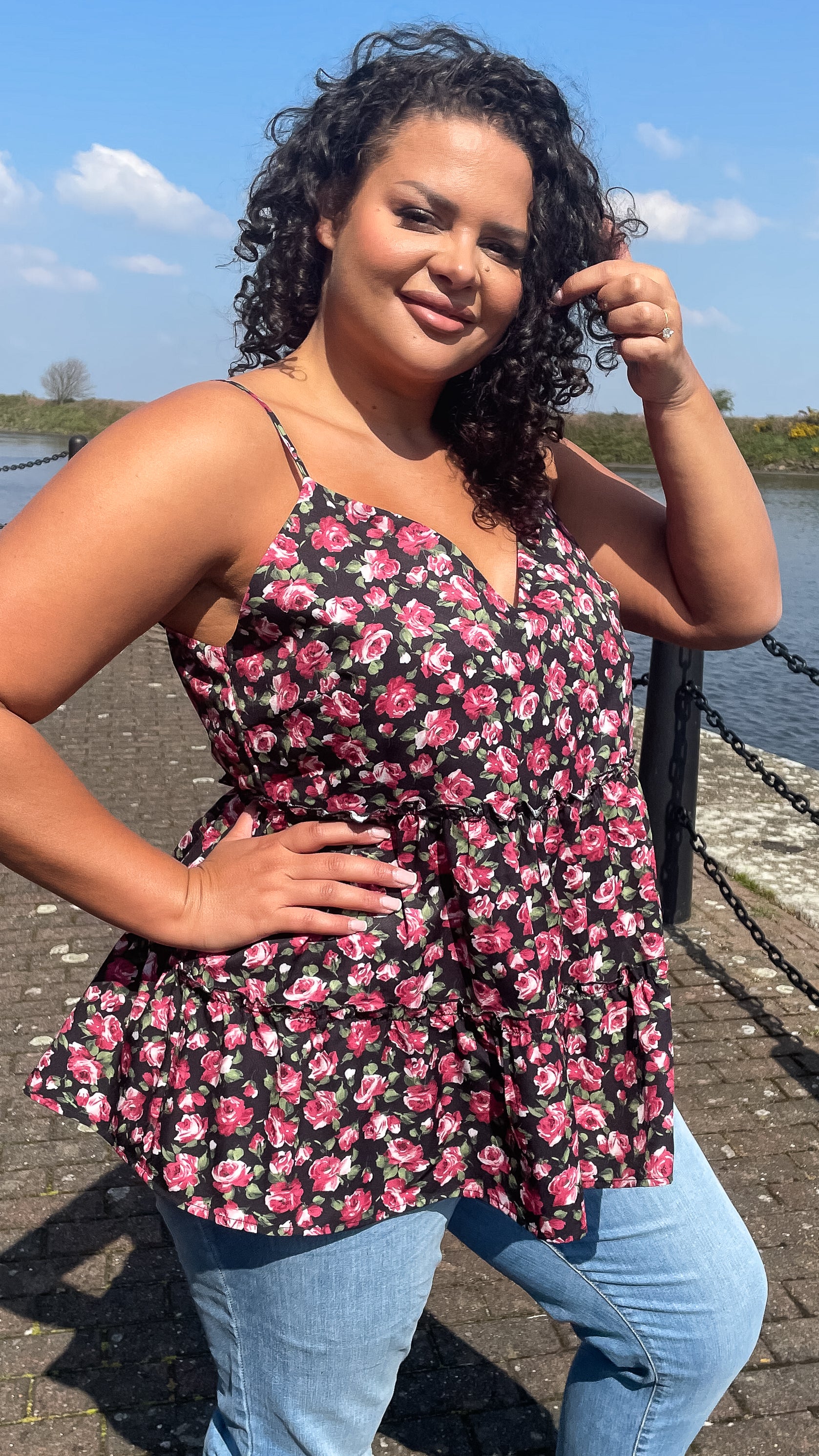 CurveWow V-Neck Cami Top Black & Pink Floral