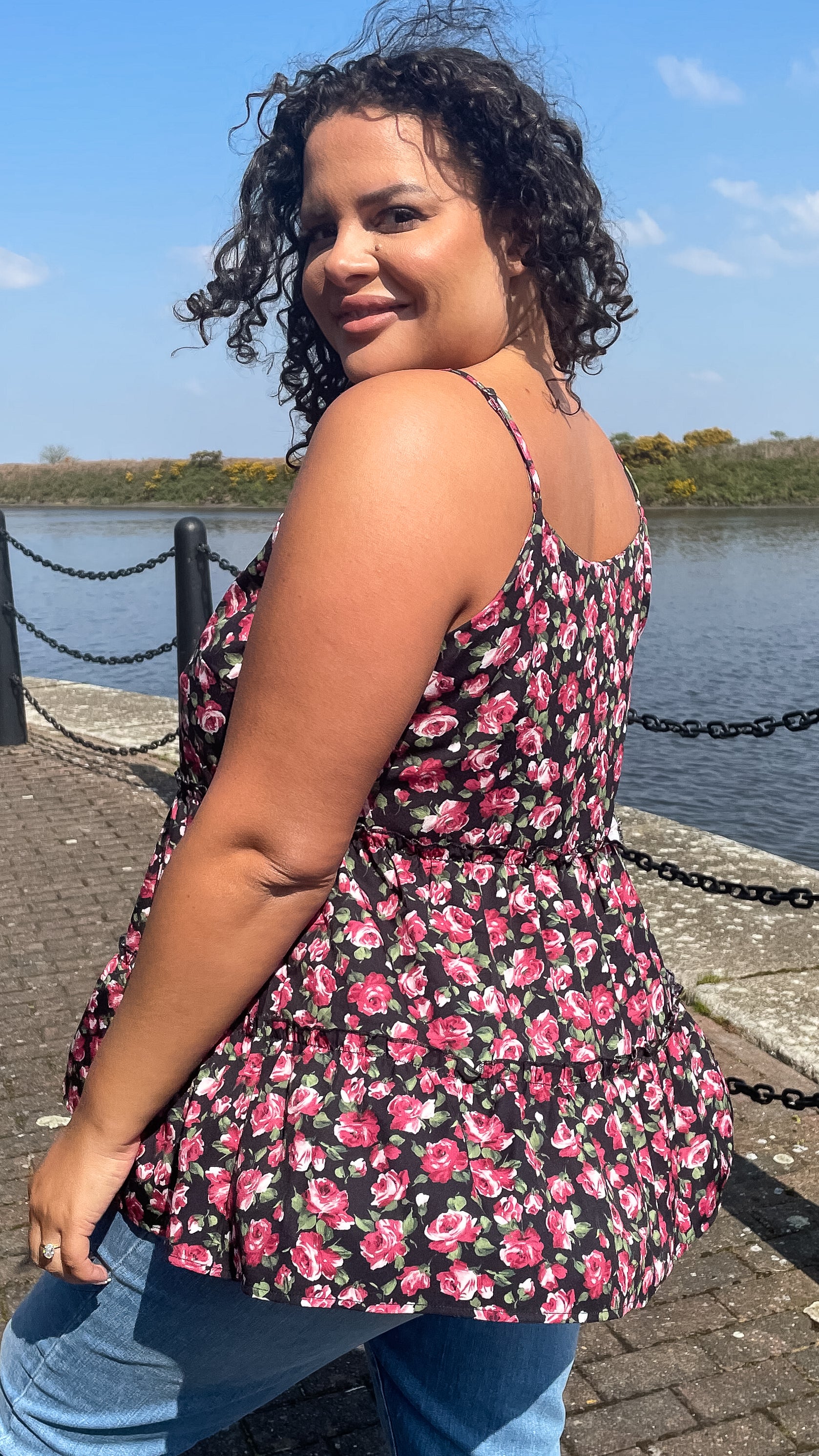 CurveWow V-Neck Cami Top Black & Pink Floral