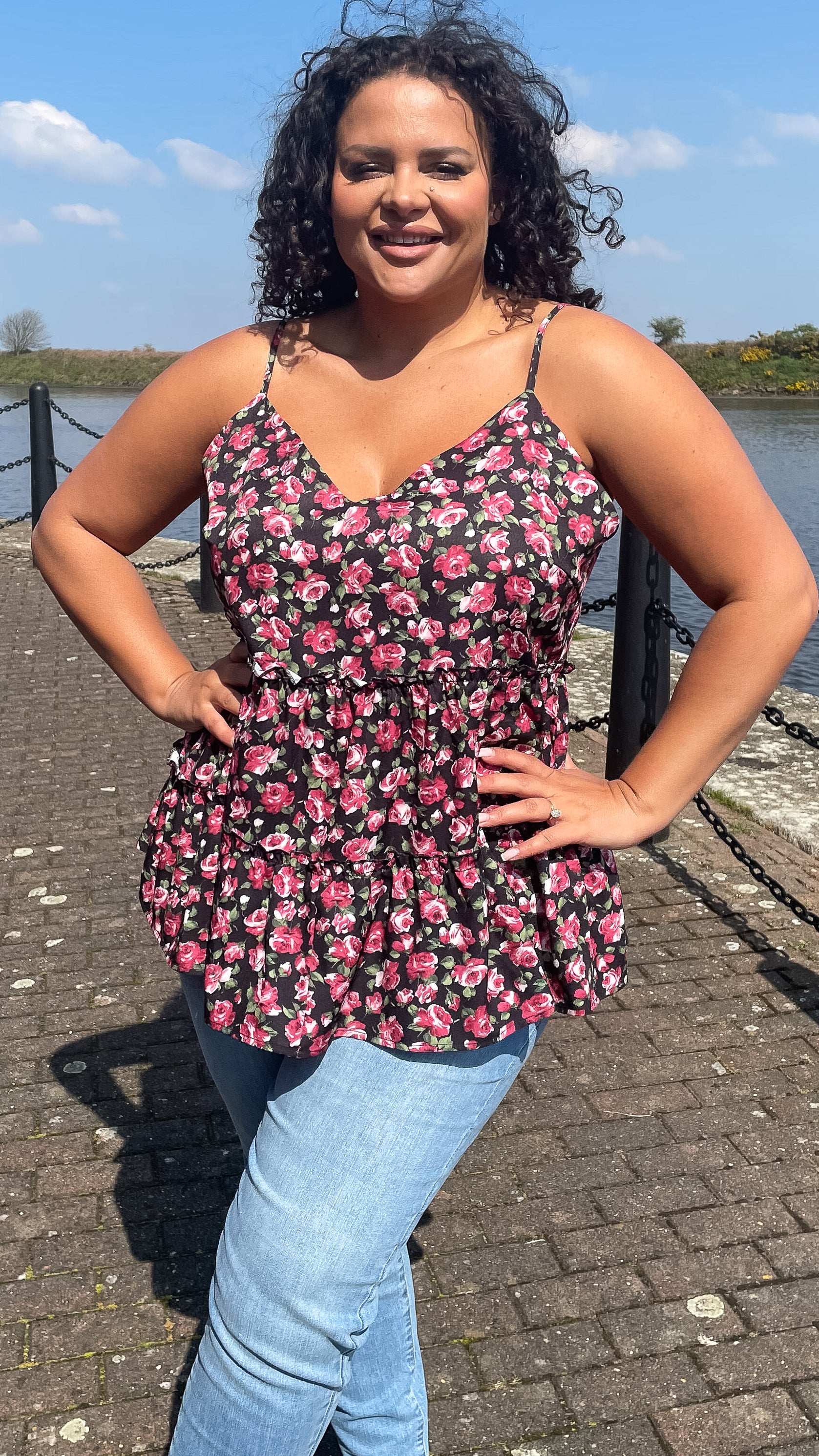 CurveWow V-Neck Cami Top Black & Pink Floral