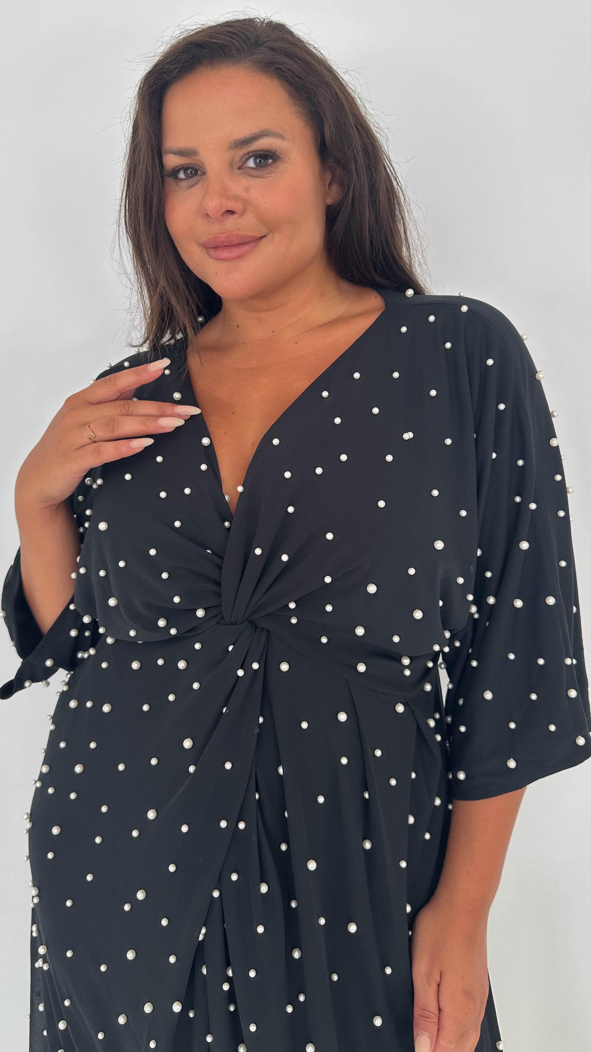 CurveWow Pearl Embellished Knot Front Dress Black