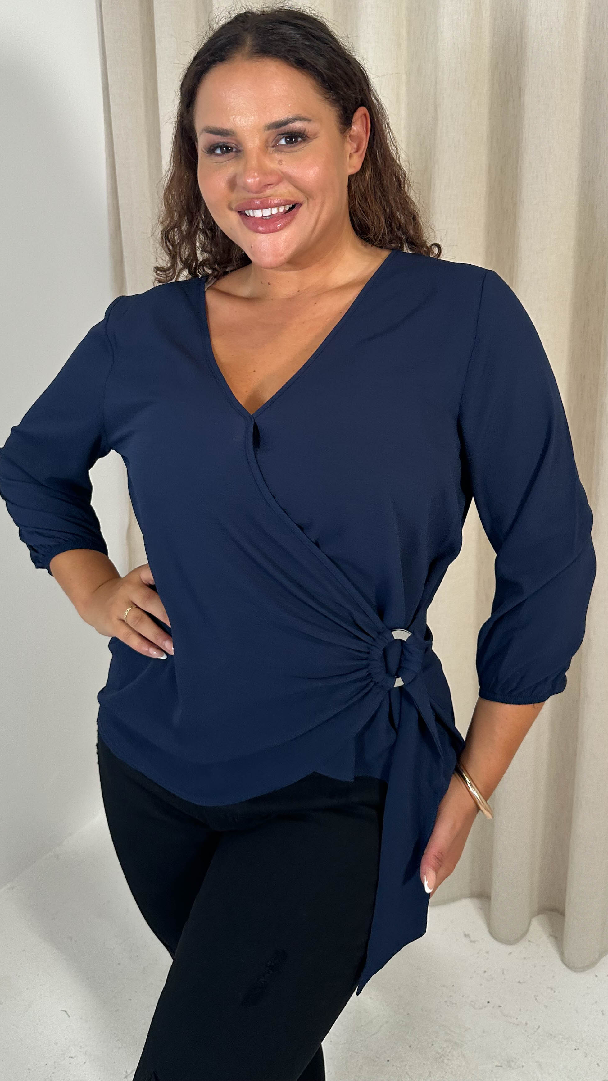 CurveWow Bubble Crepe O Ring Wrap Top Navy