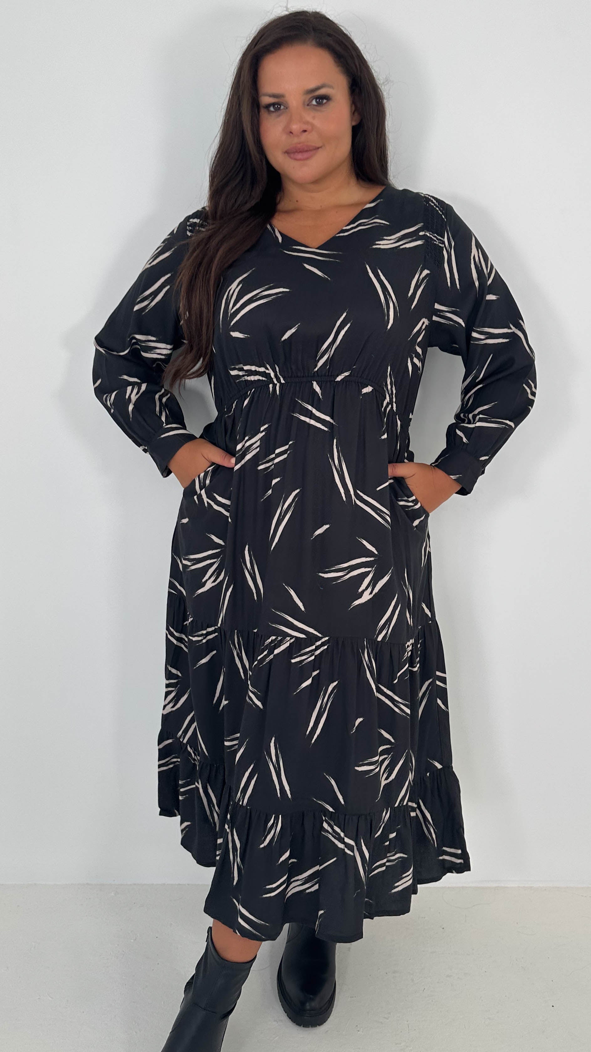 CurveWow V-Neck Midi Dress Black & Nude Print