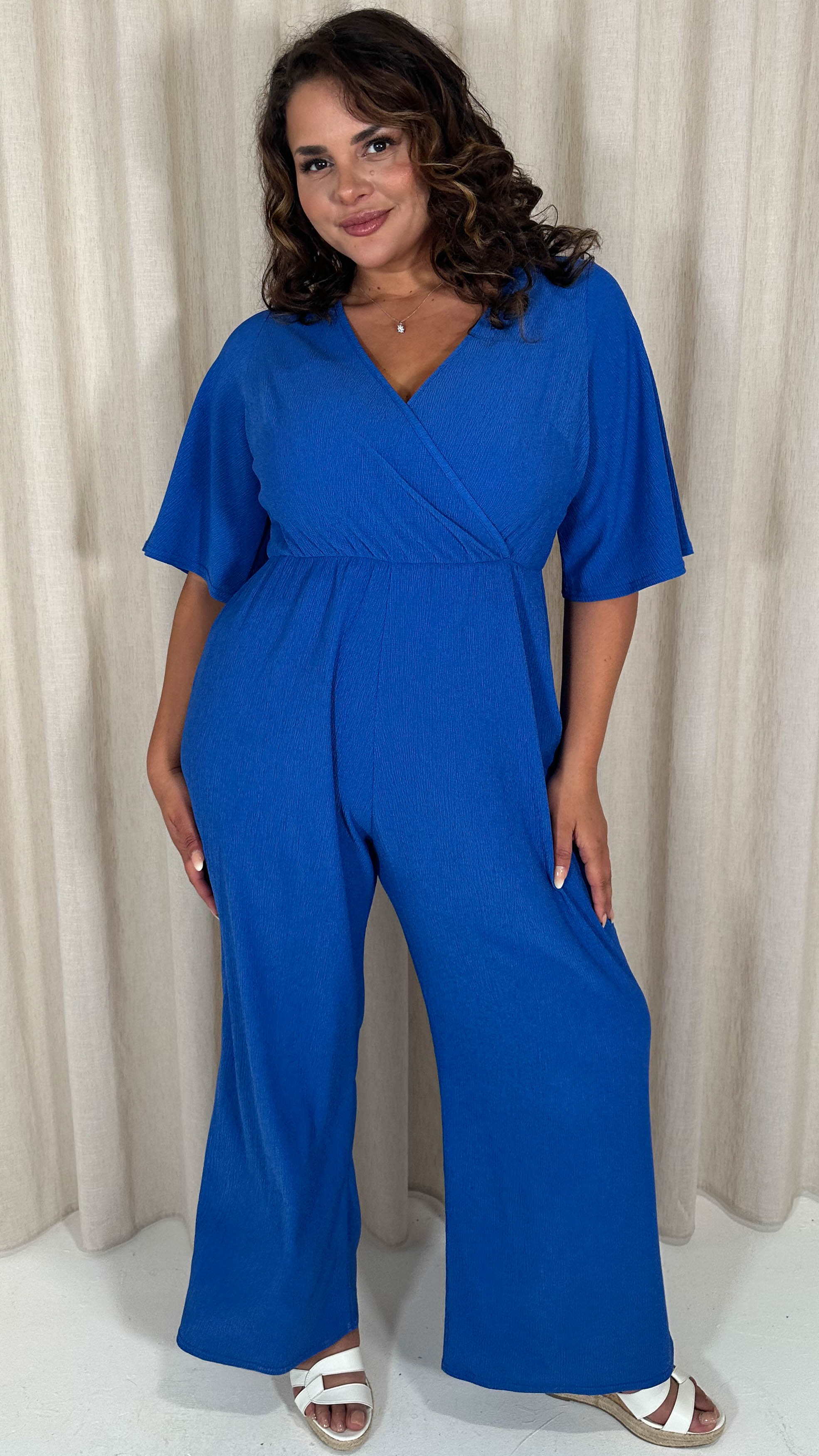 CurveWow Textured Angel Sleeve Wrap Wide Leg Jumpsuit Blue
