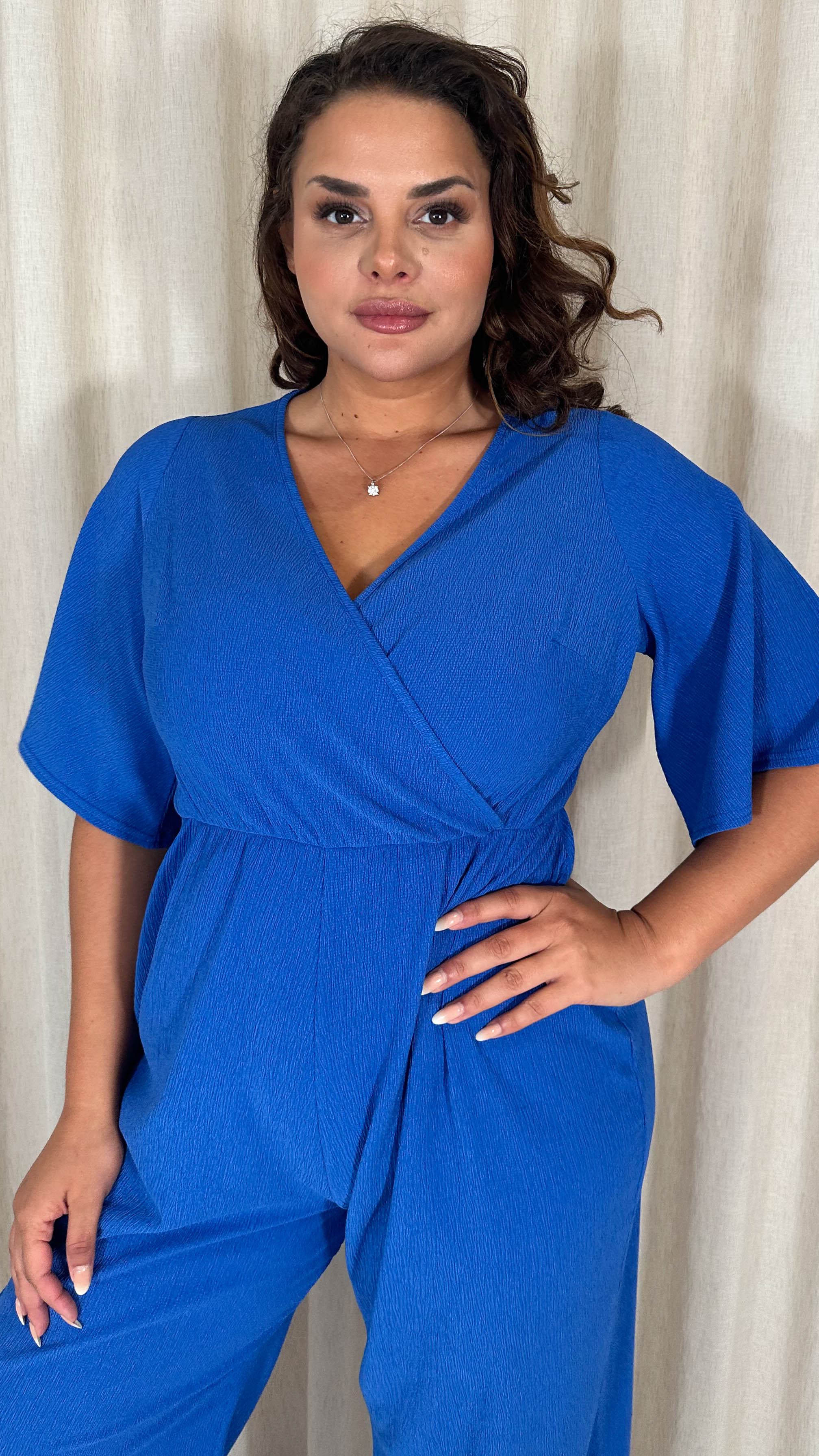 CurveWow Textured Angel Sleeve Wrap Wide Leg Jumpsuit Blue