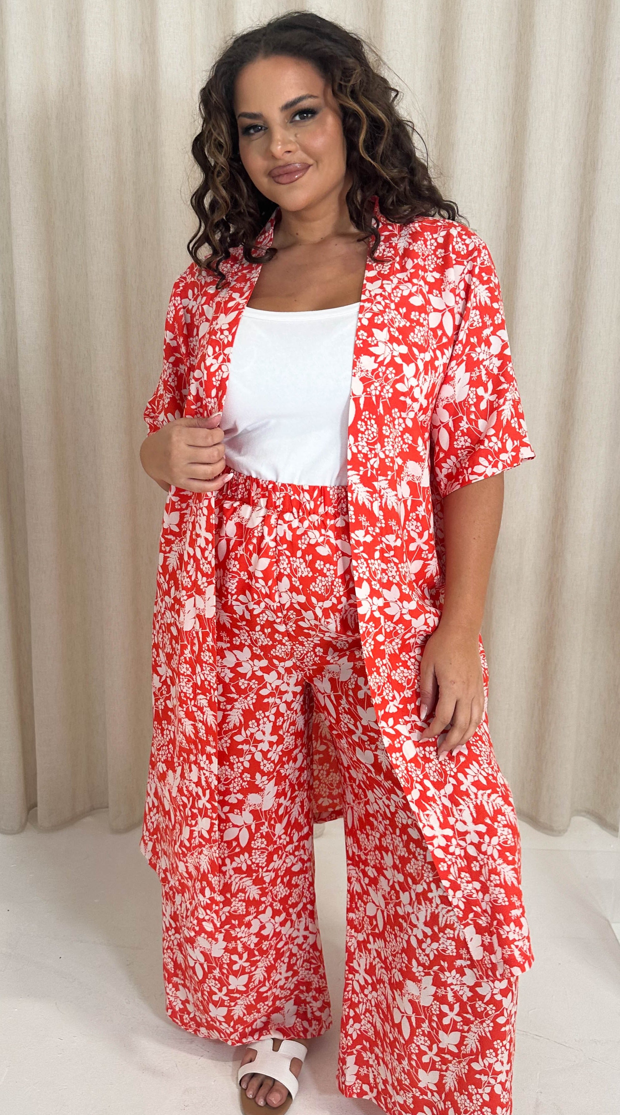 CurveWow 3/4 Sleeve Longline Kimono Red Floral