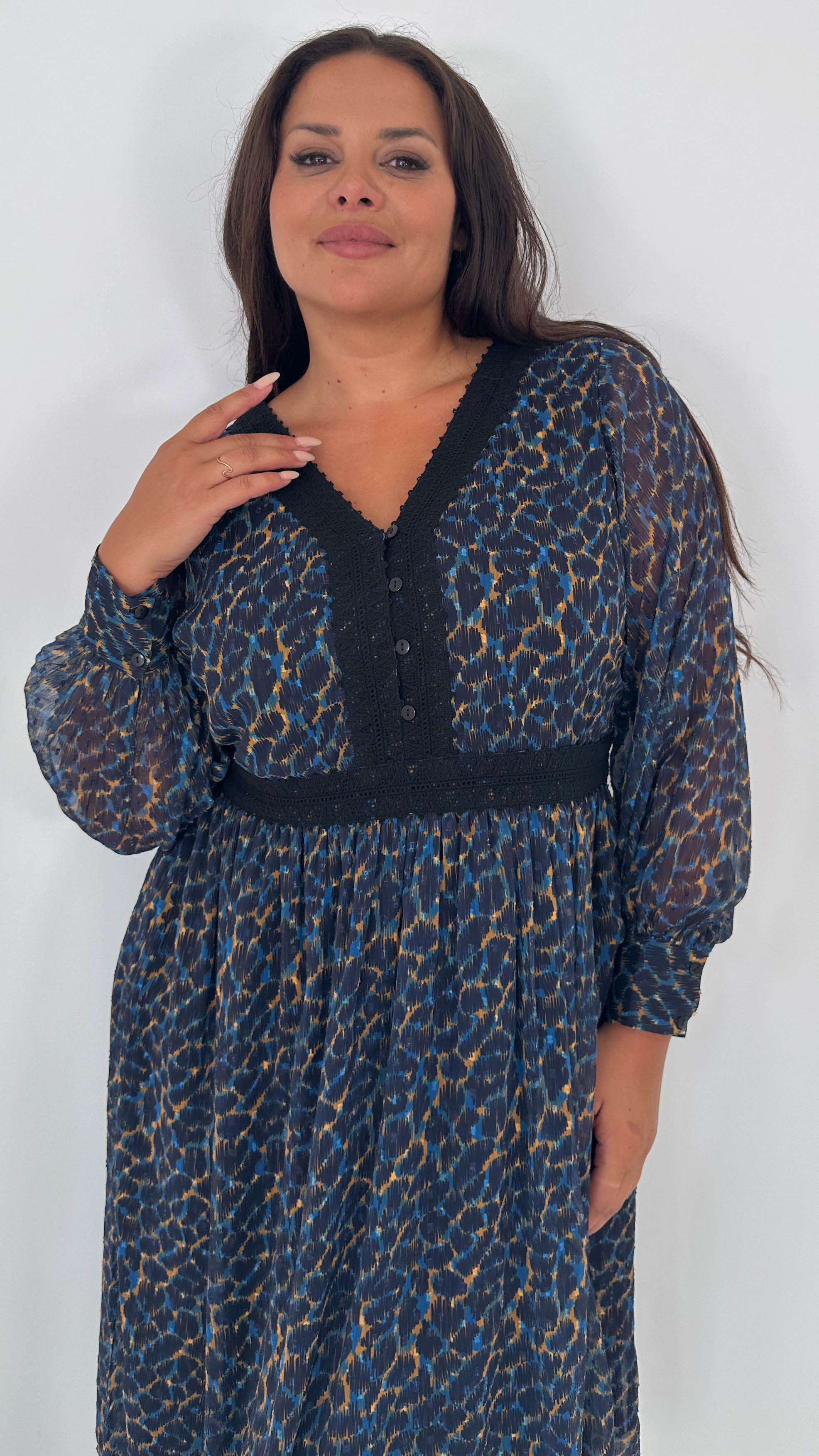 CurveWow Button Front Midi Dress Blue Animal Print