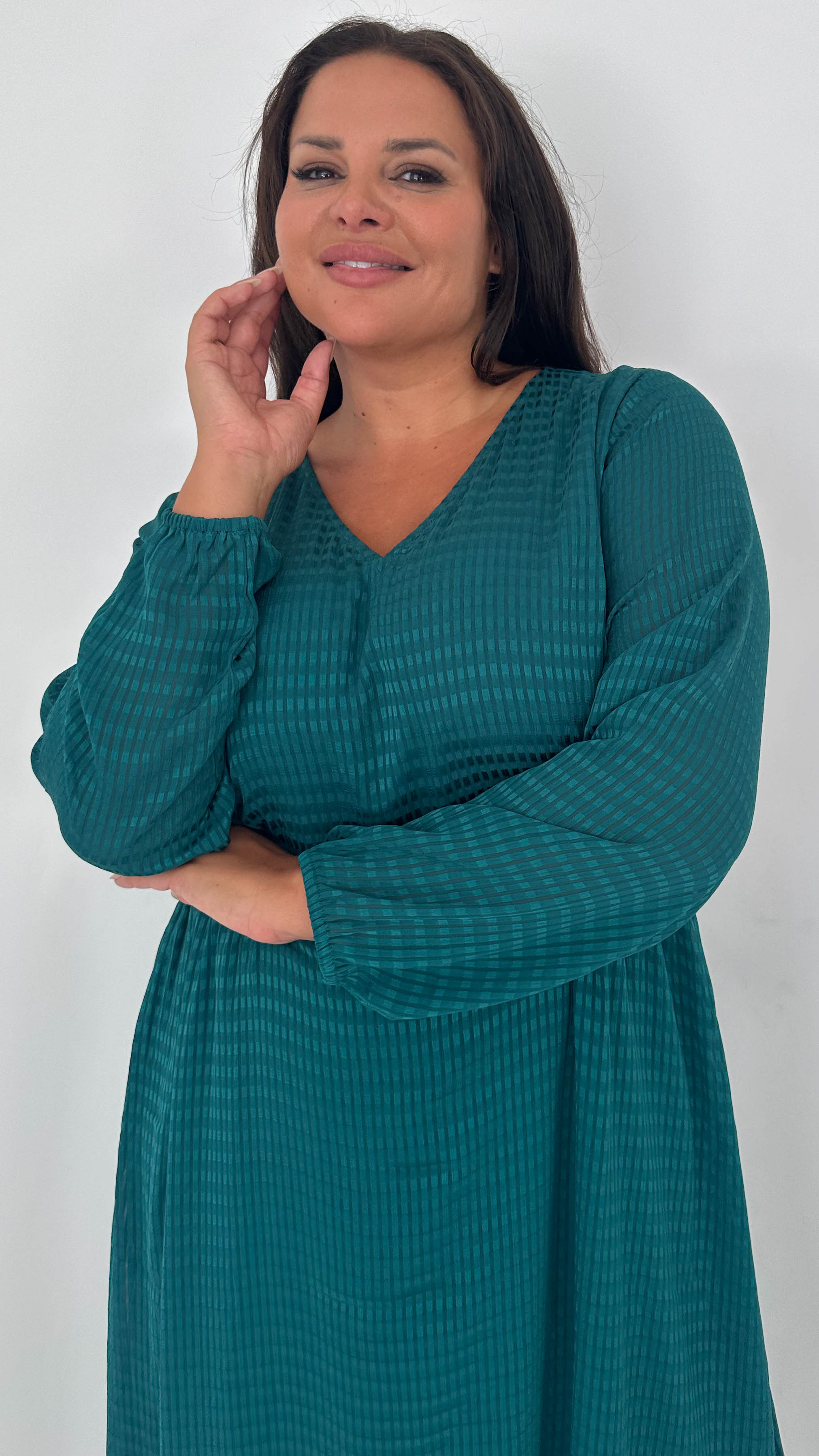 CurveWow Textured Vneck Dress Forest Green