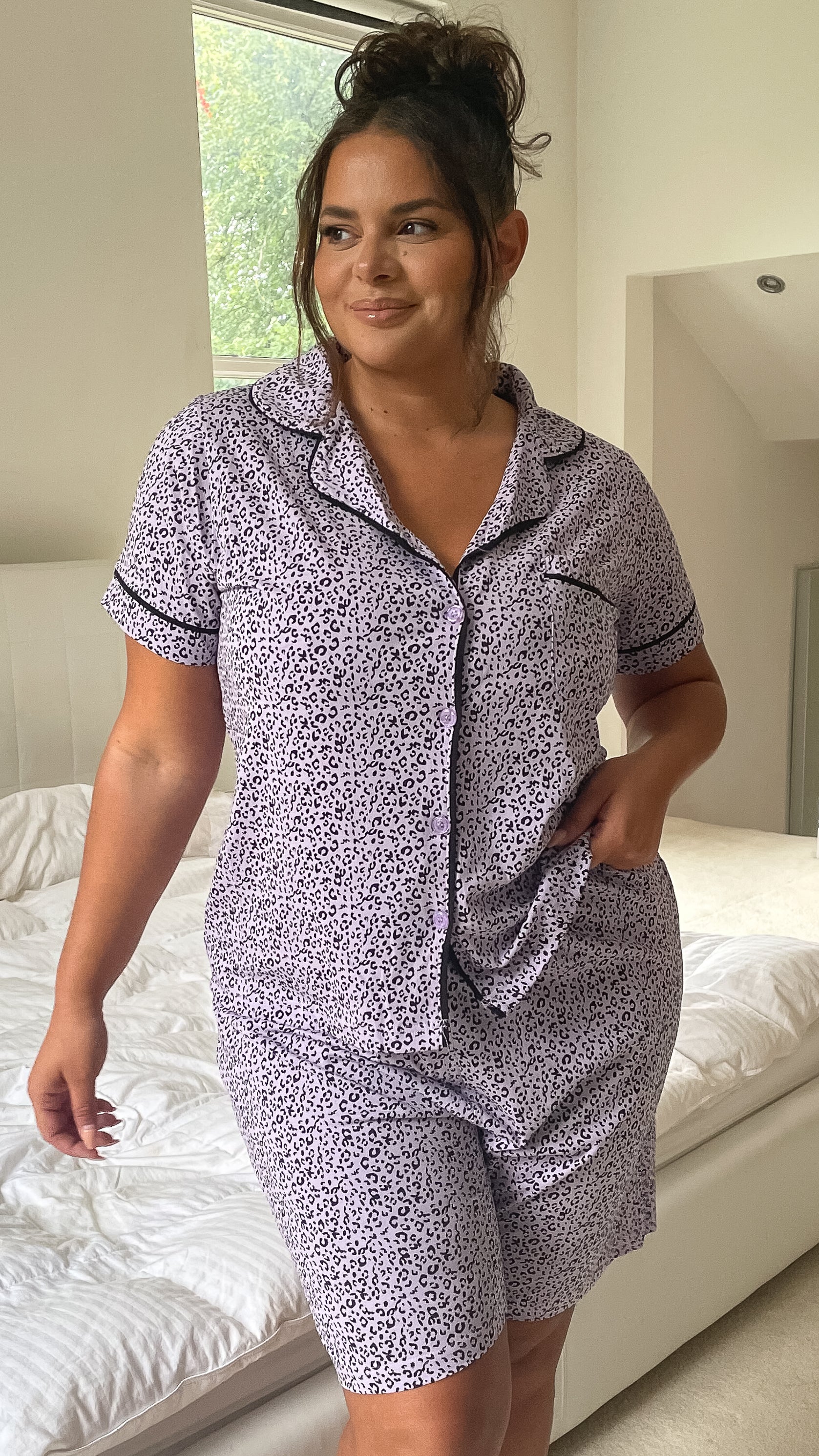 CurveWow Shirt & Shorts PJ Set Lilac Animal Print