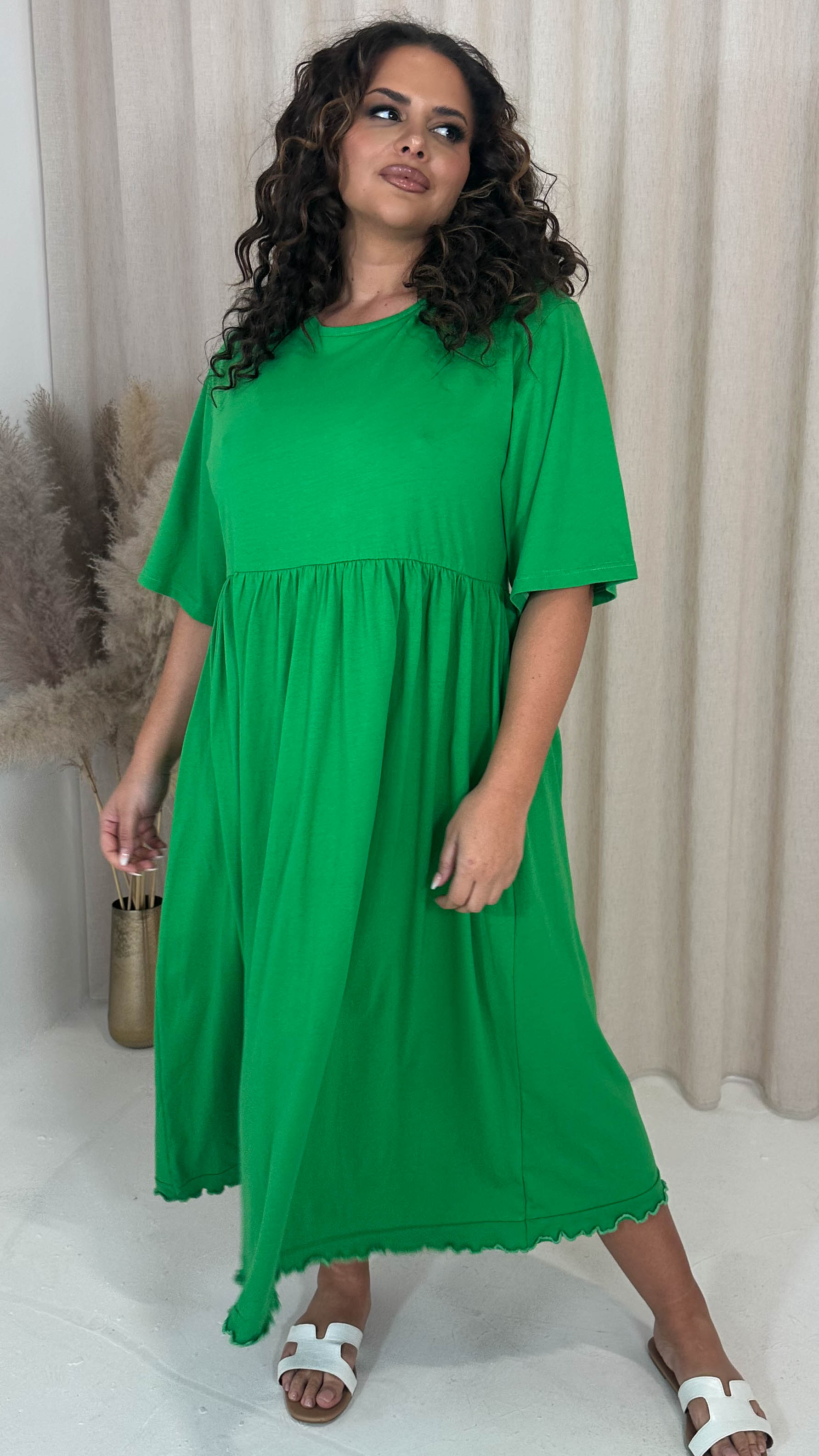 CurveWow Lettuce Hem Smock Midi Dress Green