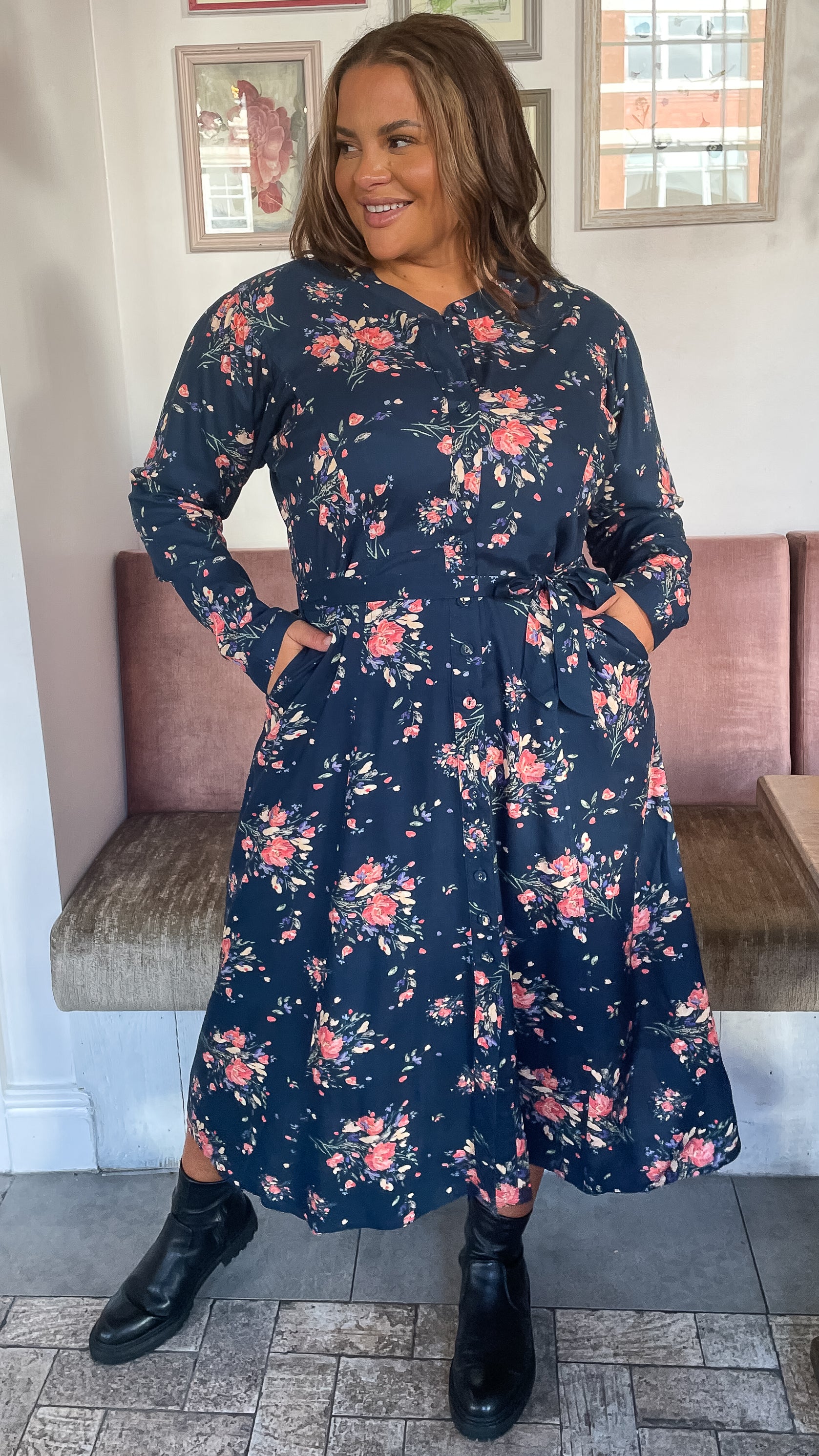 CurveWow Belted Shirt Dress Floral Navy
