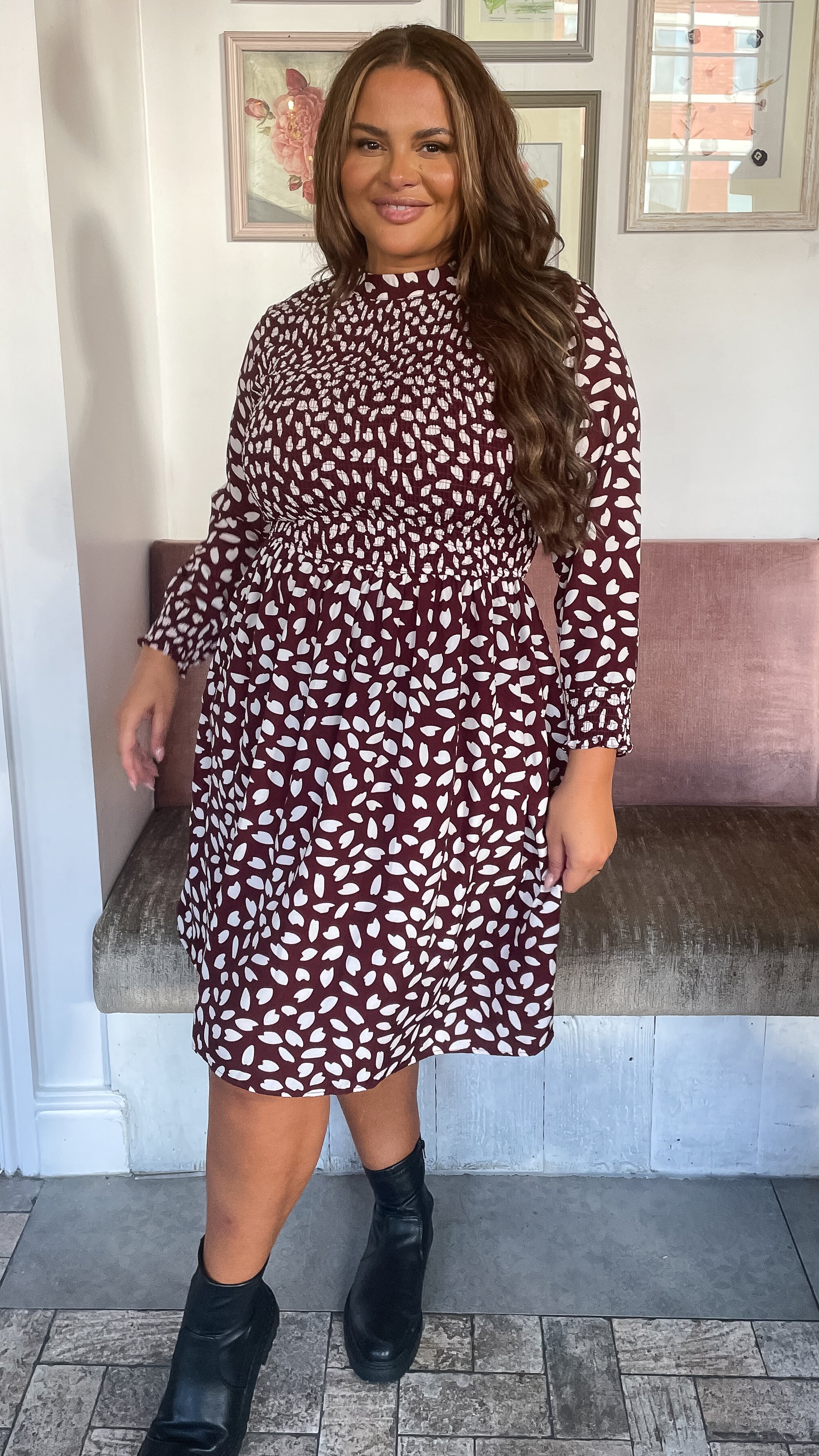 CurveWow Shirred Skater Dress Berry Print