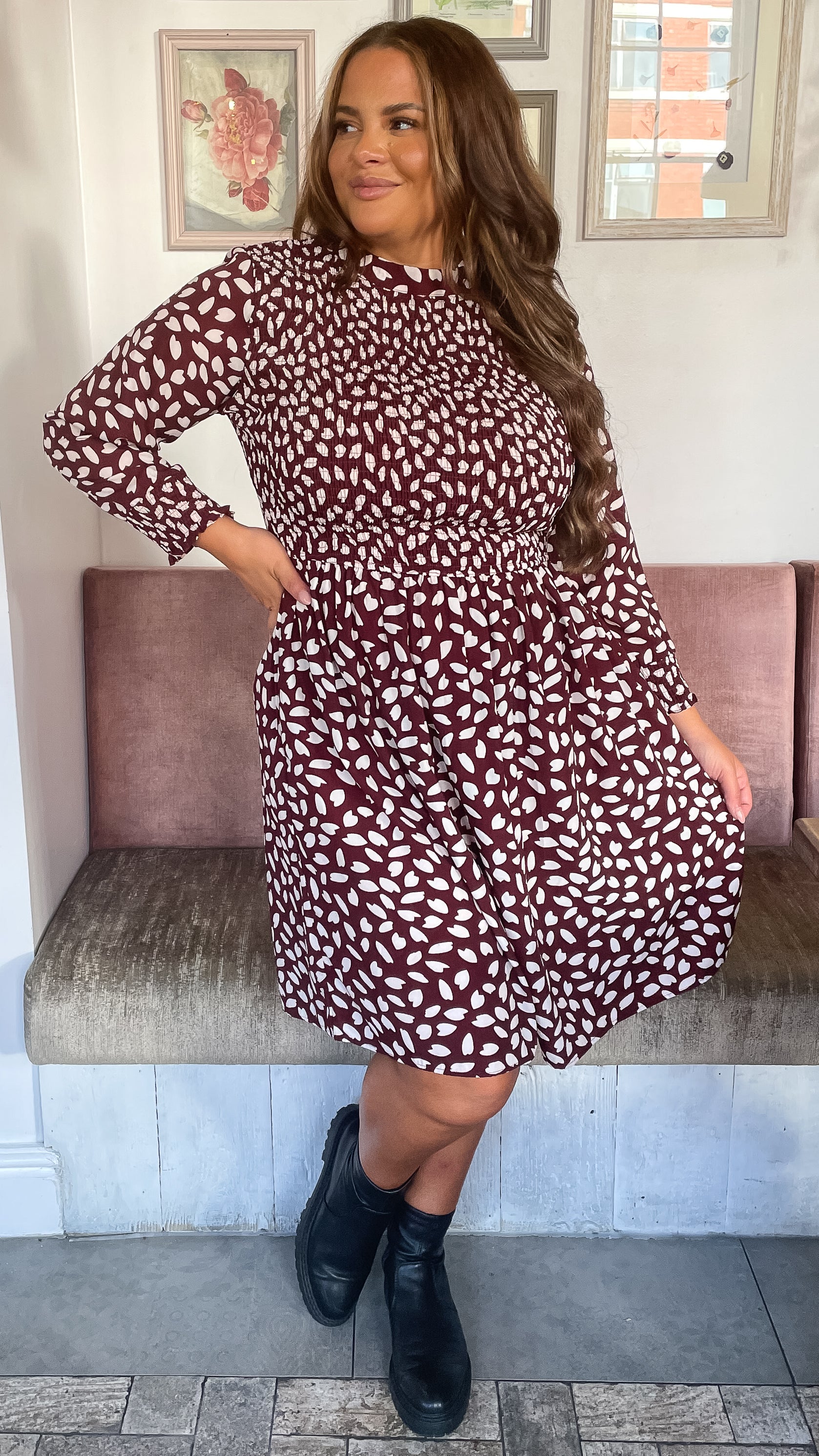 CurveWow Shirred Skater Dress Berry Print