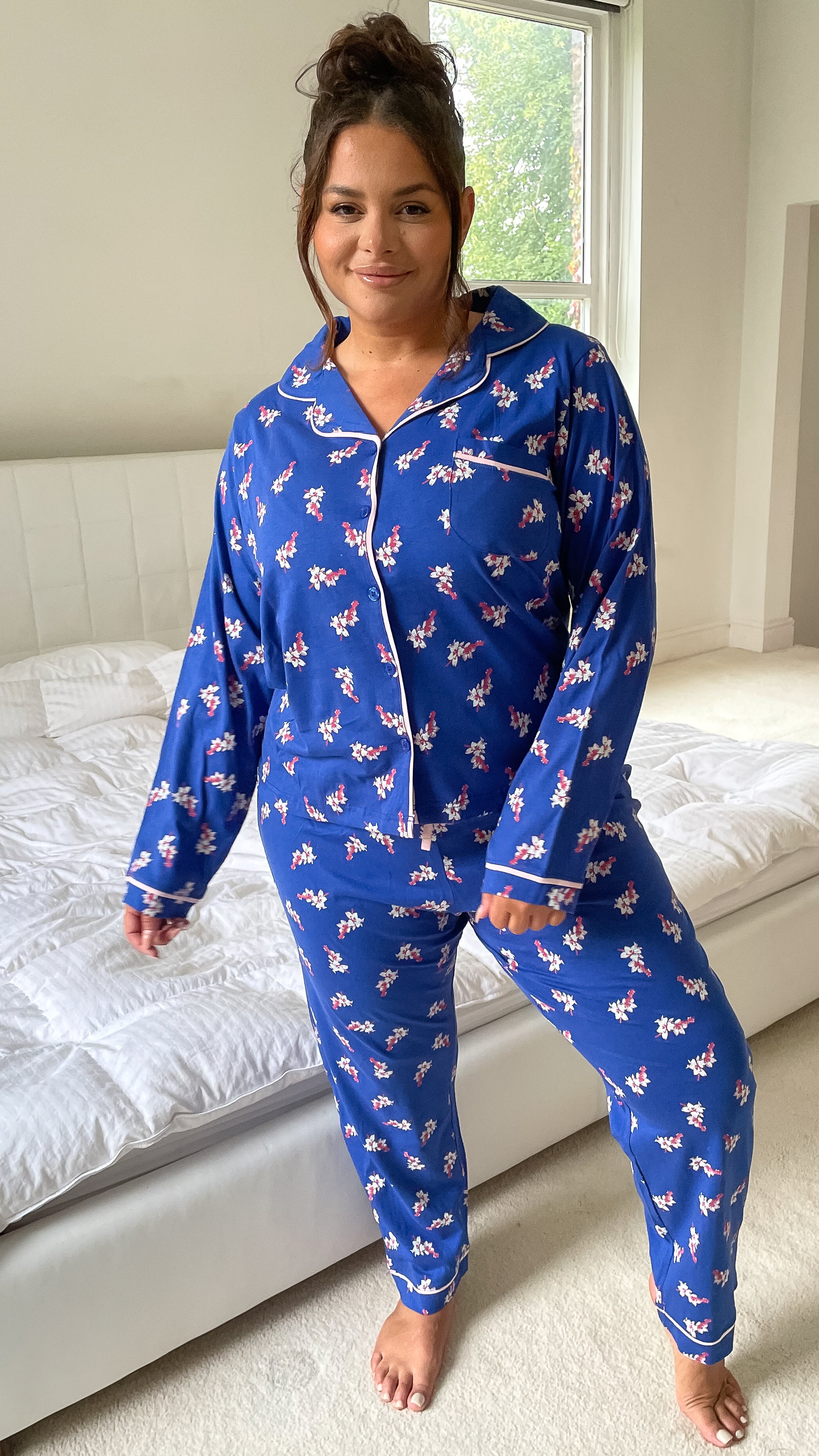 CurveWow Long Sleeve PJ Set Navy With Pink Floral