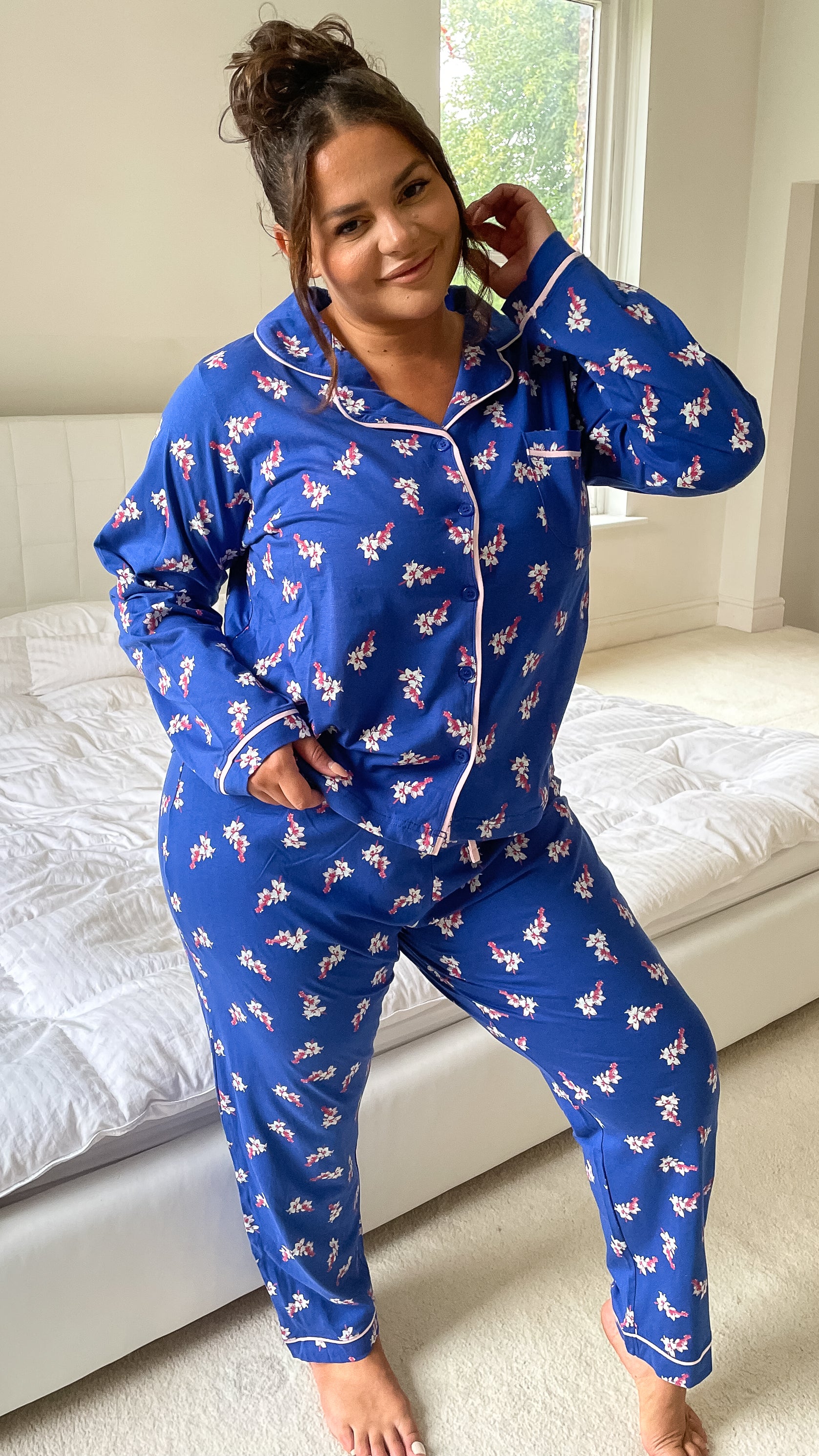 CurveWow Long Sleeve PJ Set Navy With Pink Floral