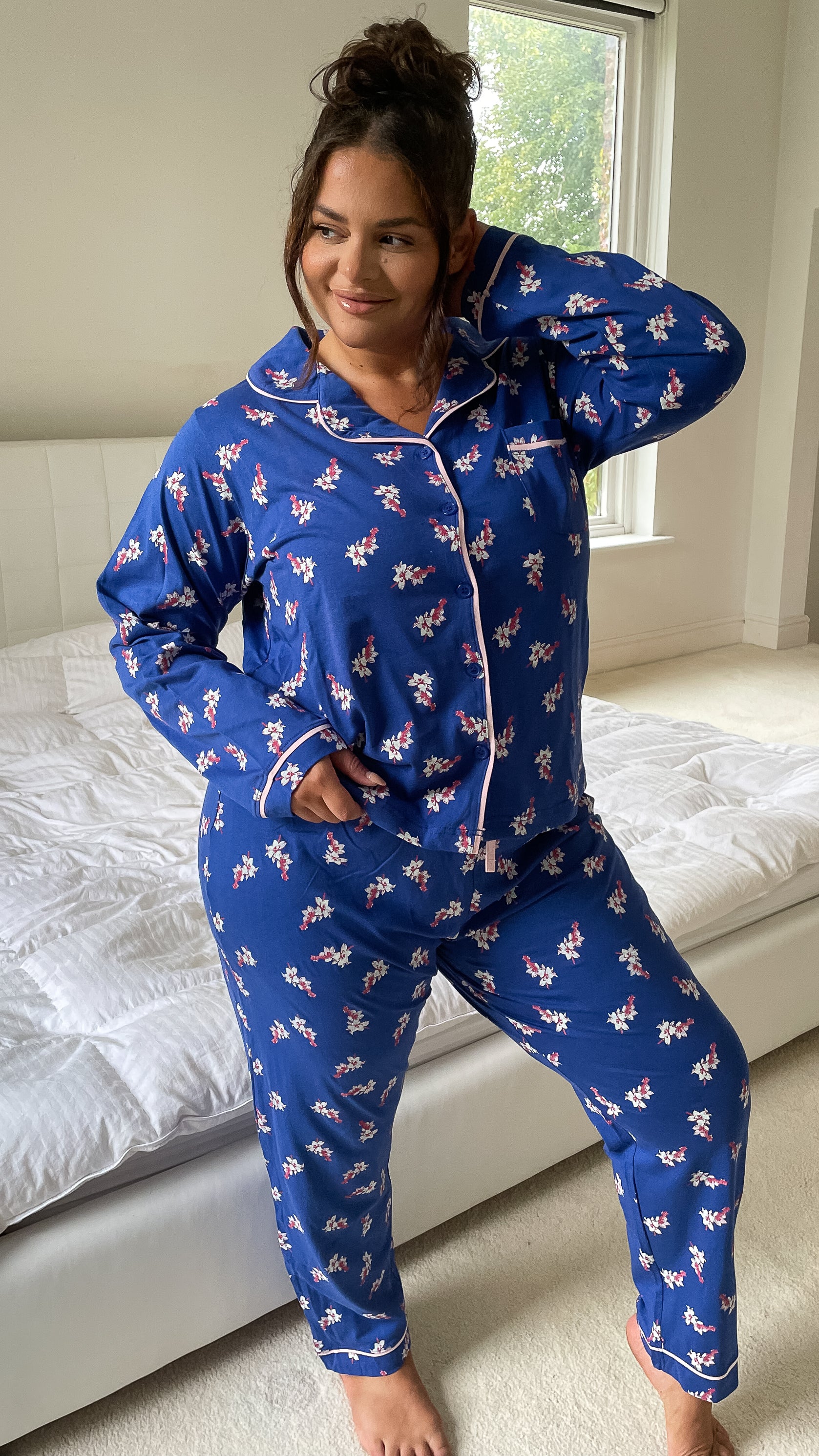 CurveWow Long Sleeve PJ Set Navy With Pink Floral