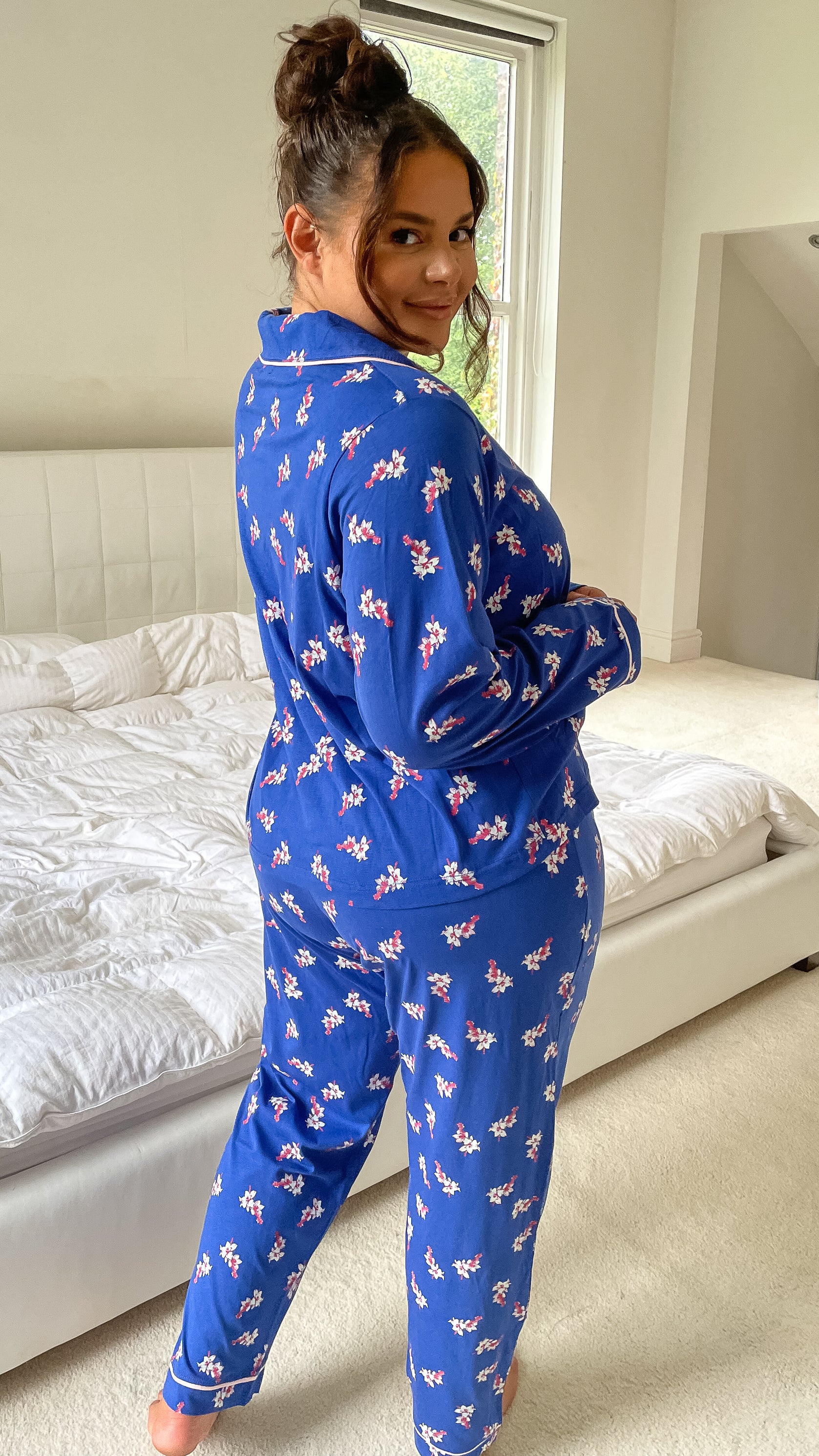 CurveWow Long Sleeve PJ Set Navy With Pink Floral