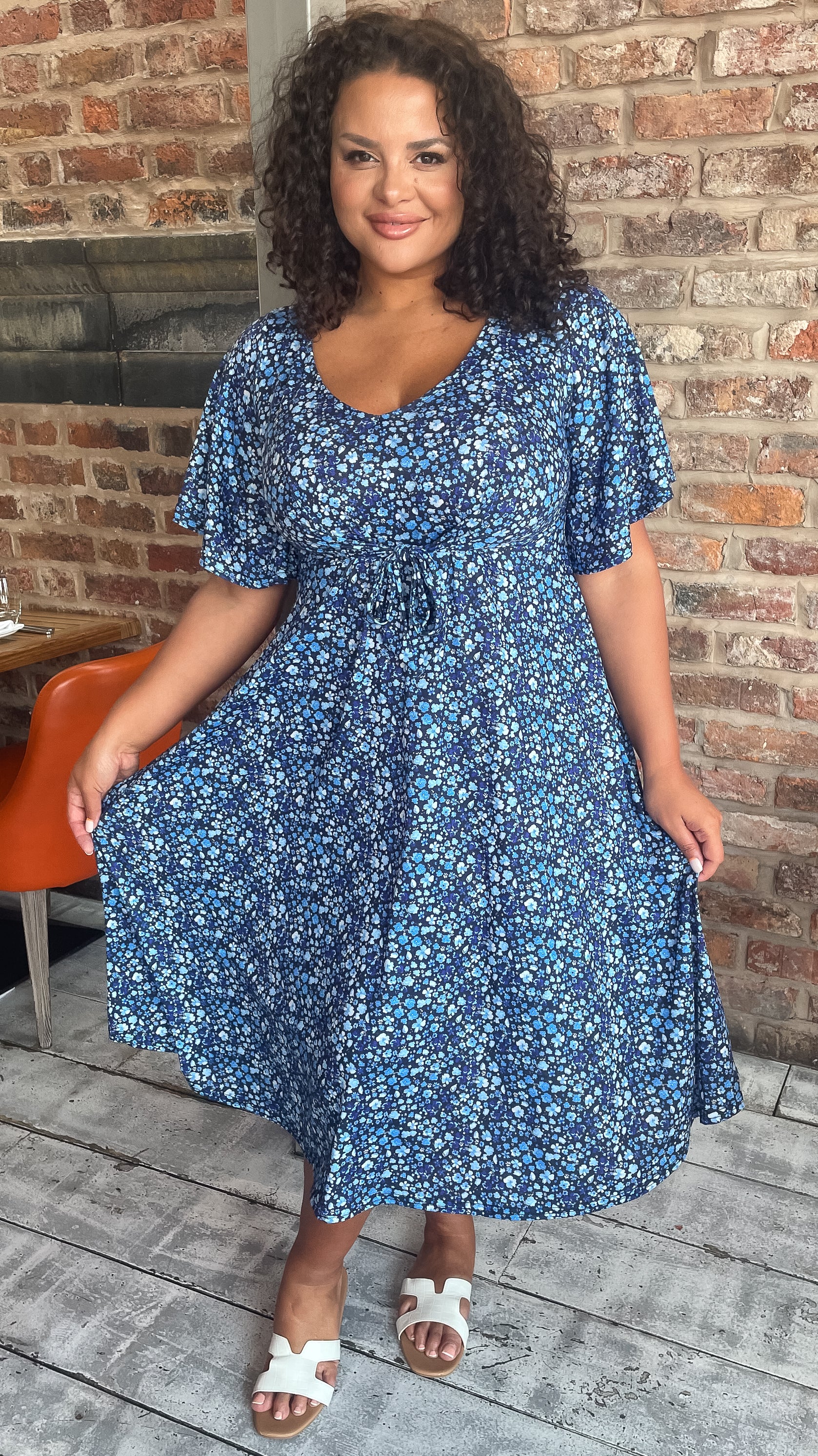 CurveWow Tie Waist Dress Navy Blue Floral