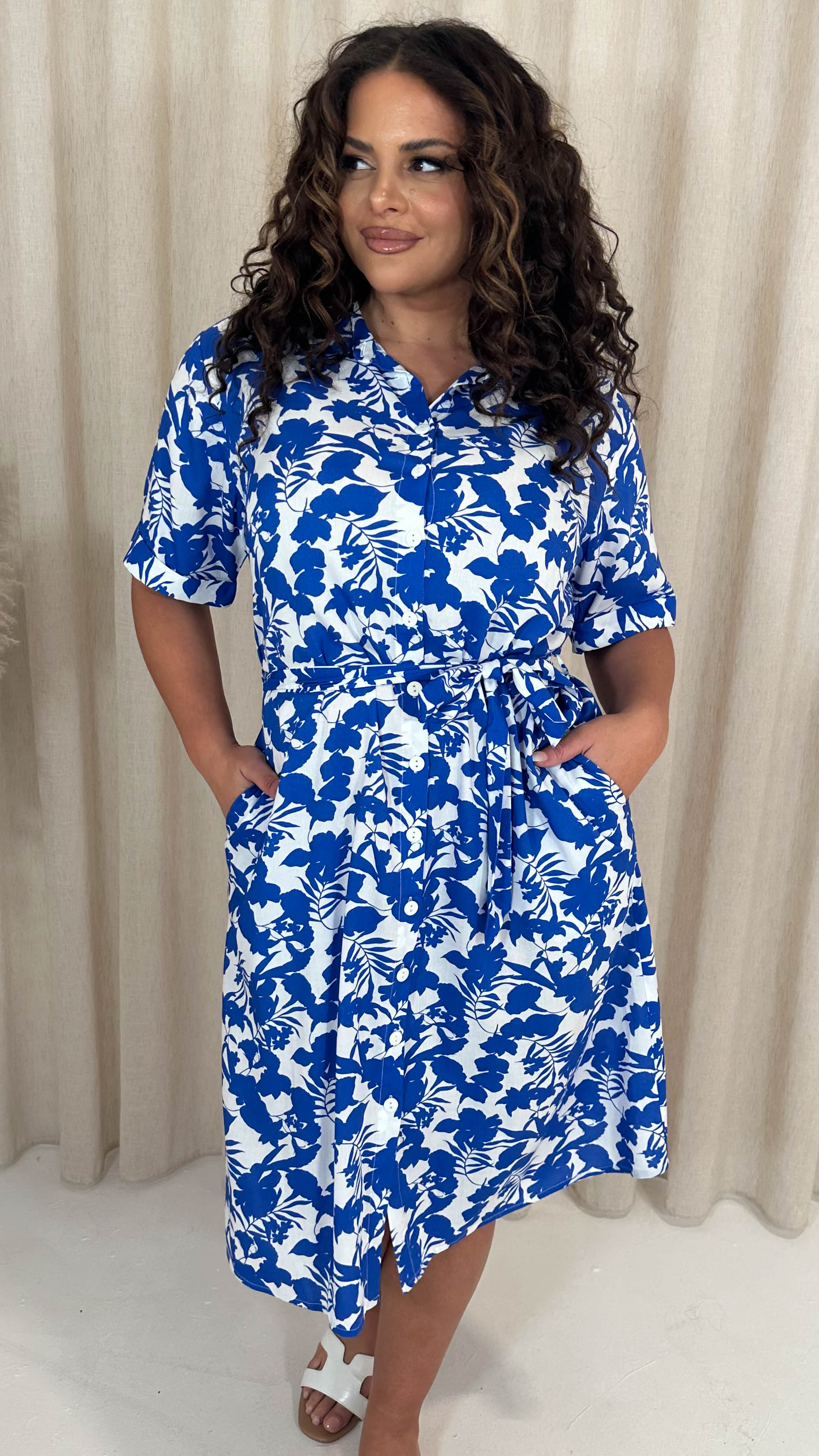 CurveWow Printed Tie Waist Midi Shirt Dress Blue Floral