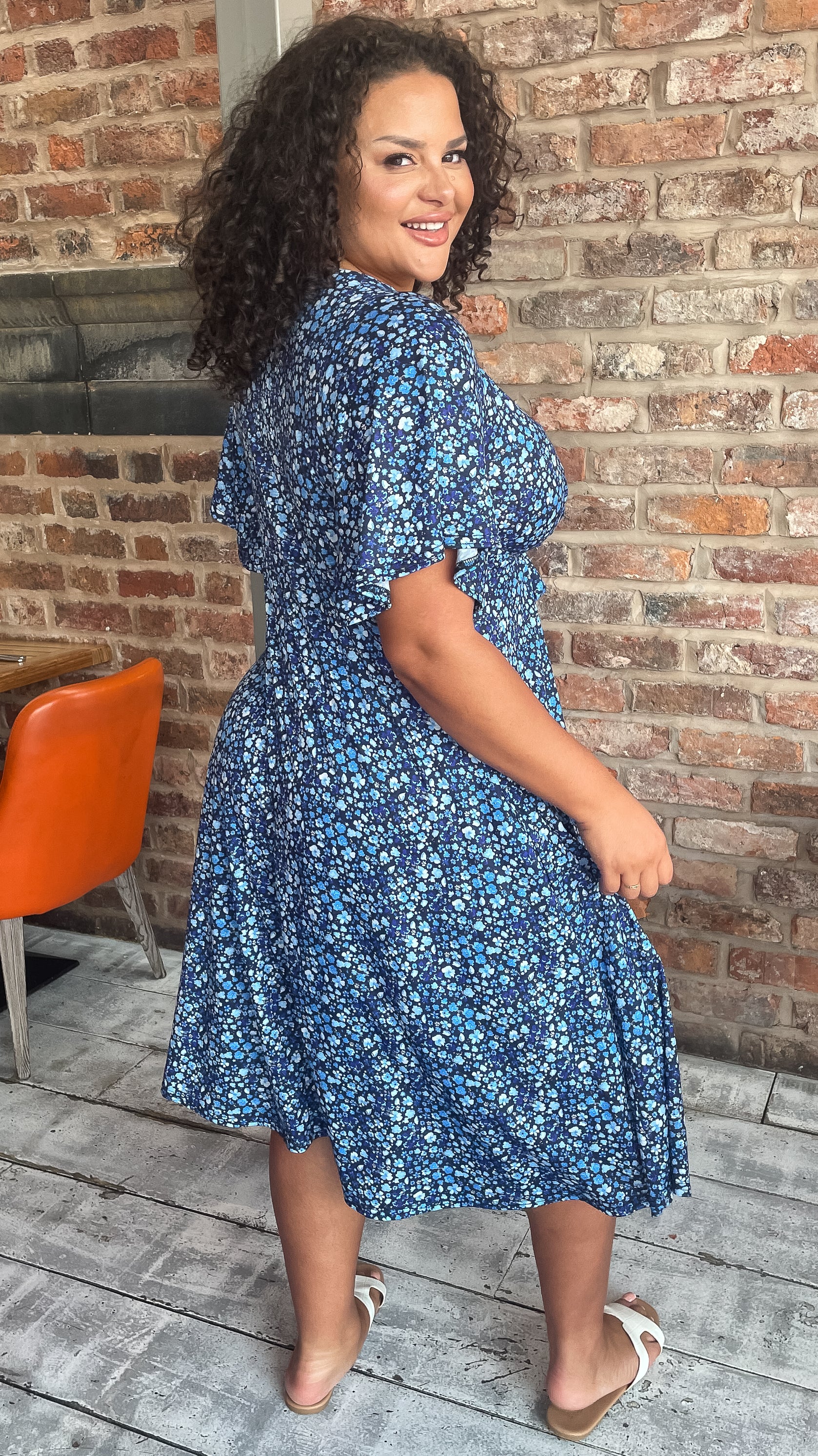 CurveWow Tie Waist Dress Navy Blue Floral