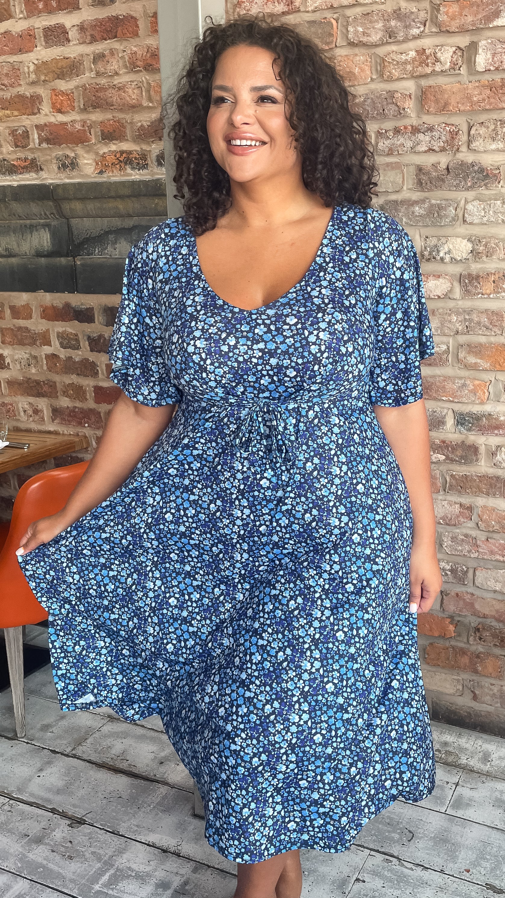 CurveWow Tie Waist Dress Navy Blue Floral