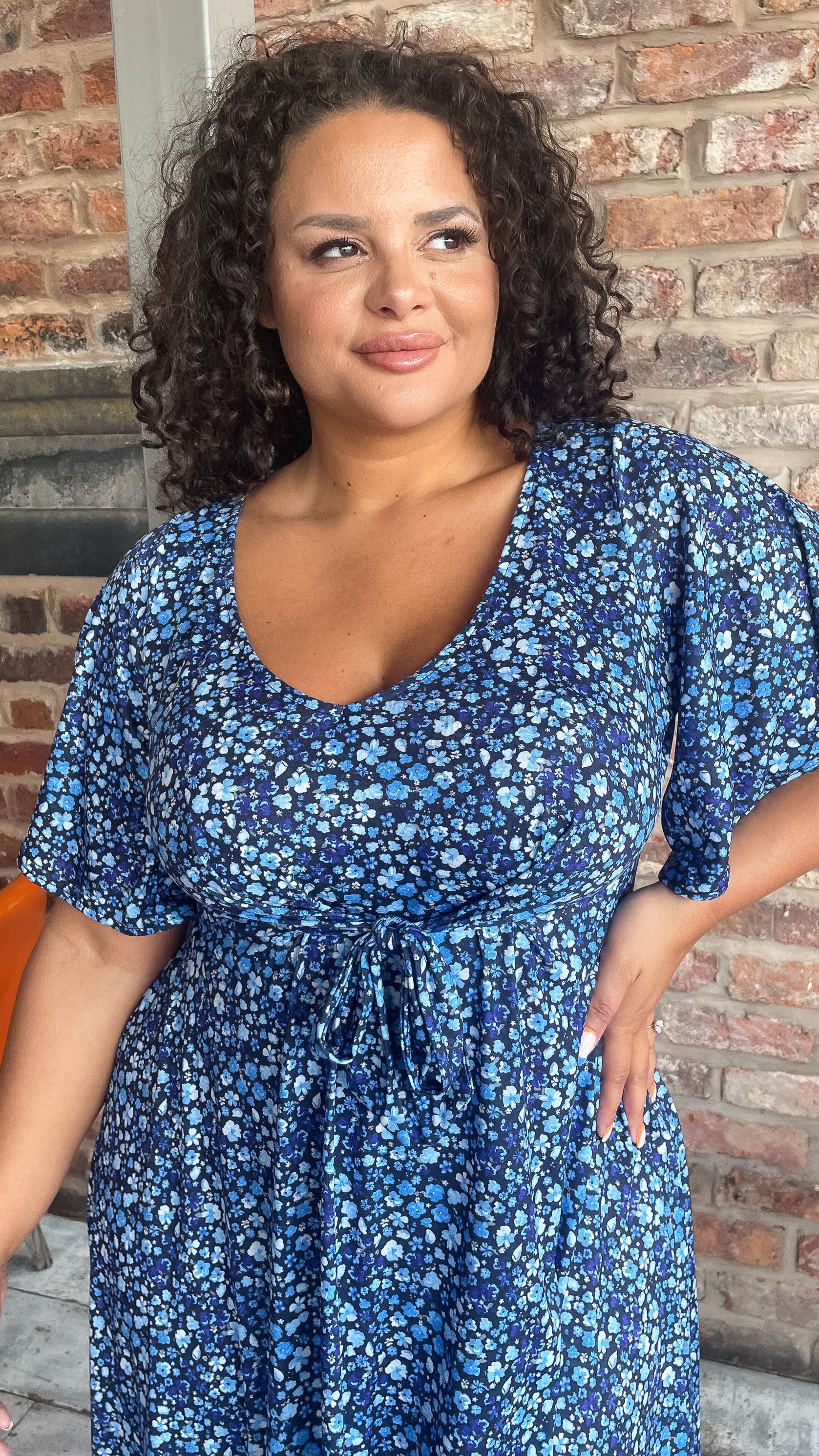 CurveWow Tie Waist Dress Navy Blue Floral