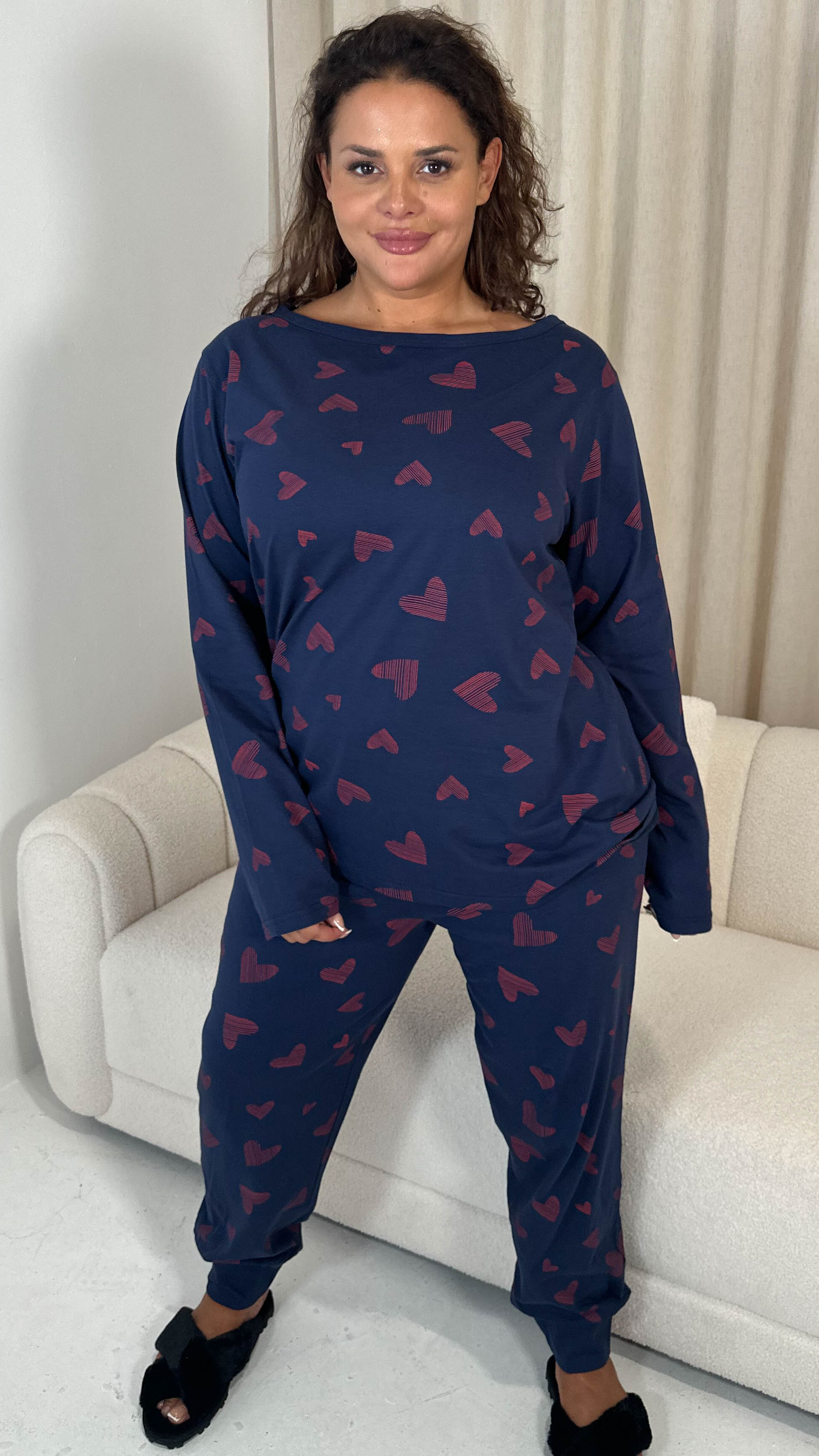 CurveWow Long Sleeve Pyjama Set Navy Heart