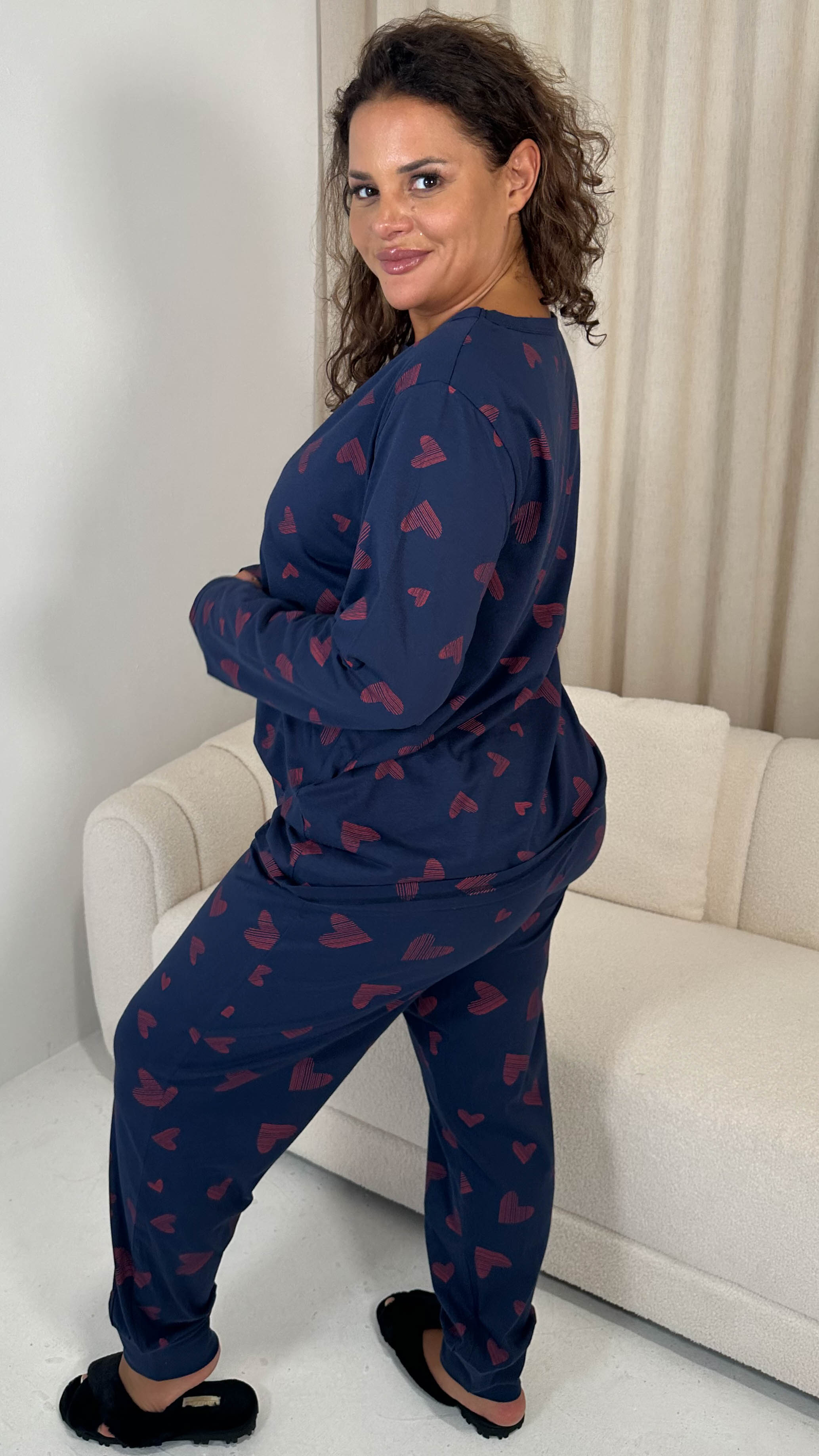 CurveWow Long Sleeve Pyjama Set Navy Heart