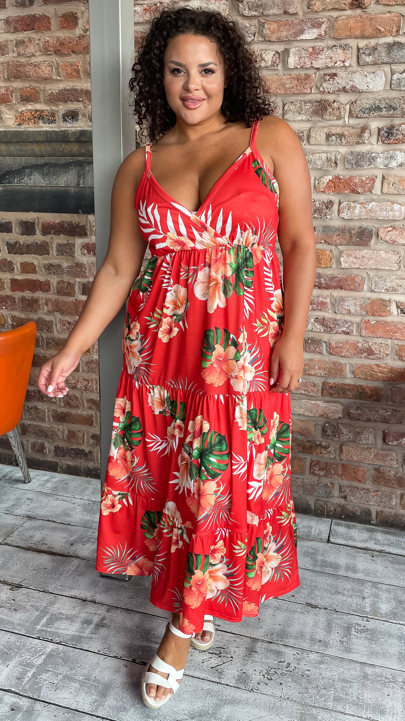 CurveWow Cherry Red Tropical Wrap Bust Maxi Dress