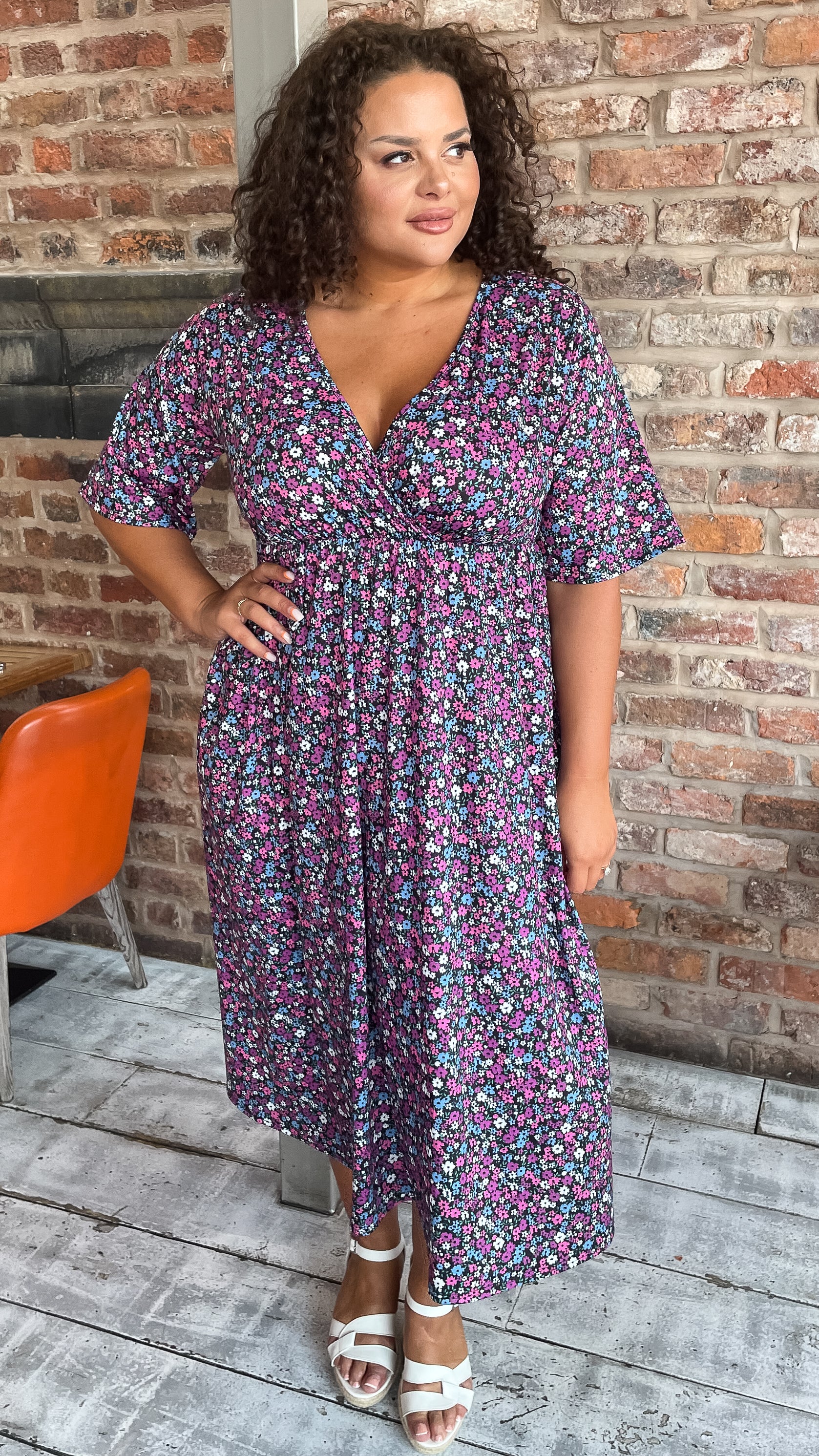 CurveWow Petite Wrap Midi Dress Black Multi Floral