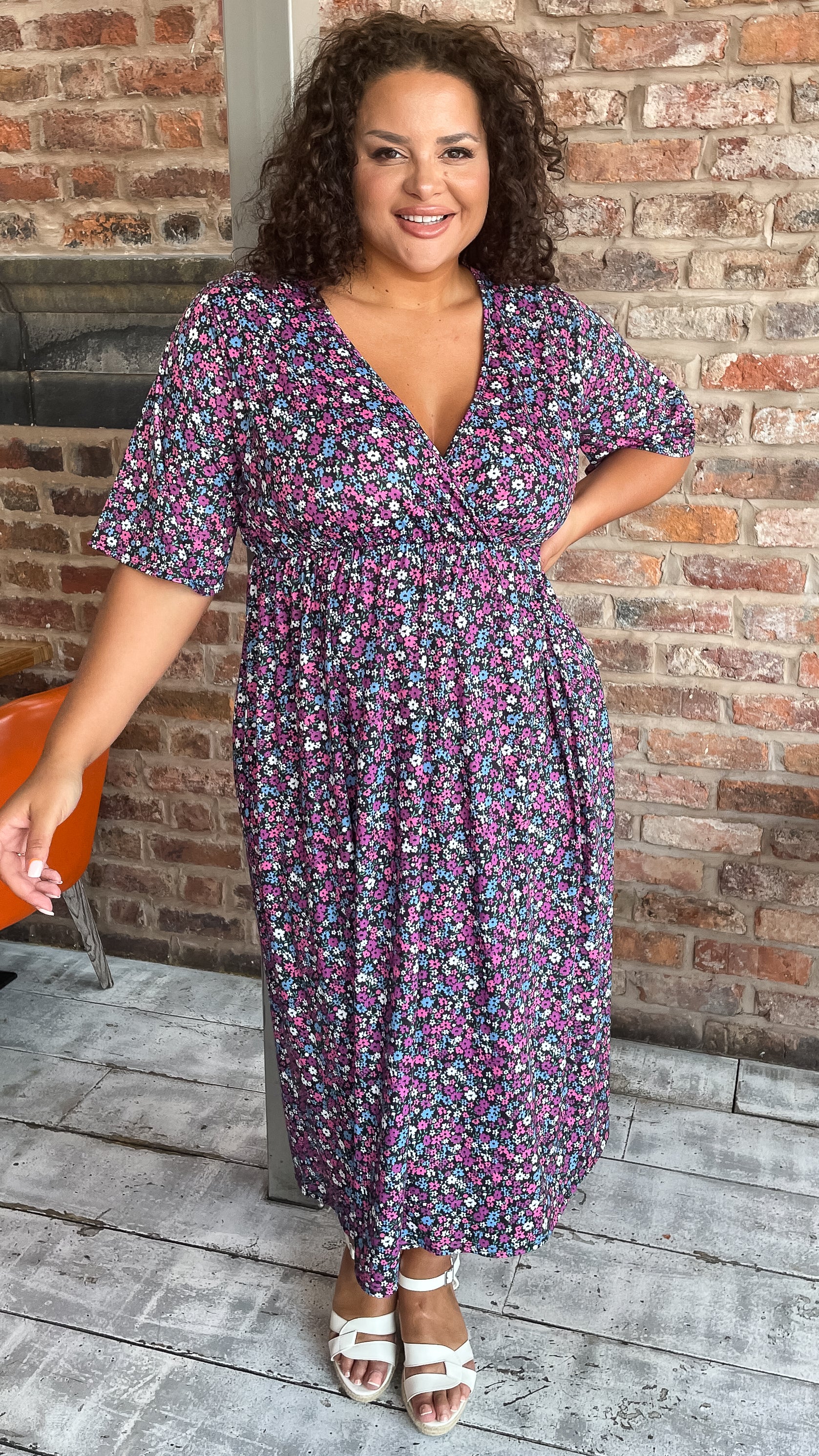 CurveWow Petite Wrap Midi Dress Black Multi Floral