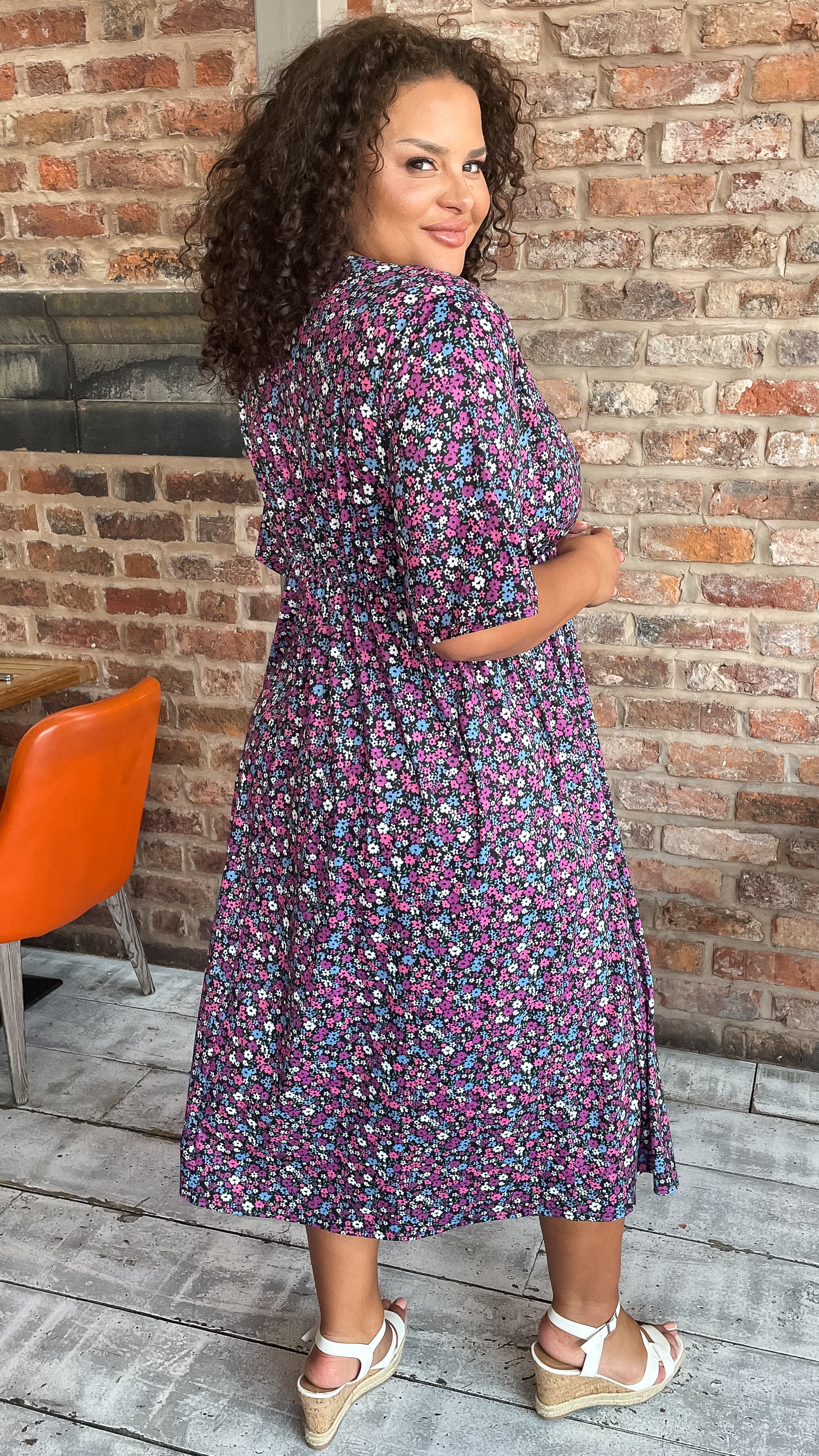 CurveWow Petite Wrap Midi Dress Black Multi Floral