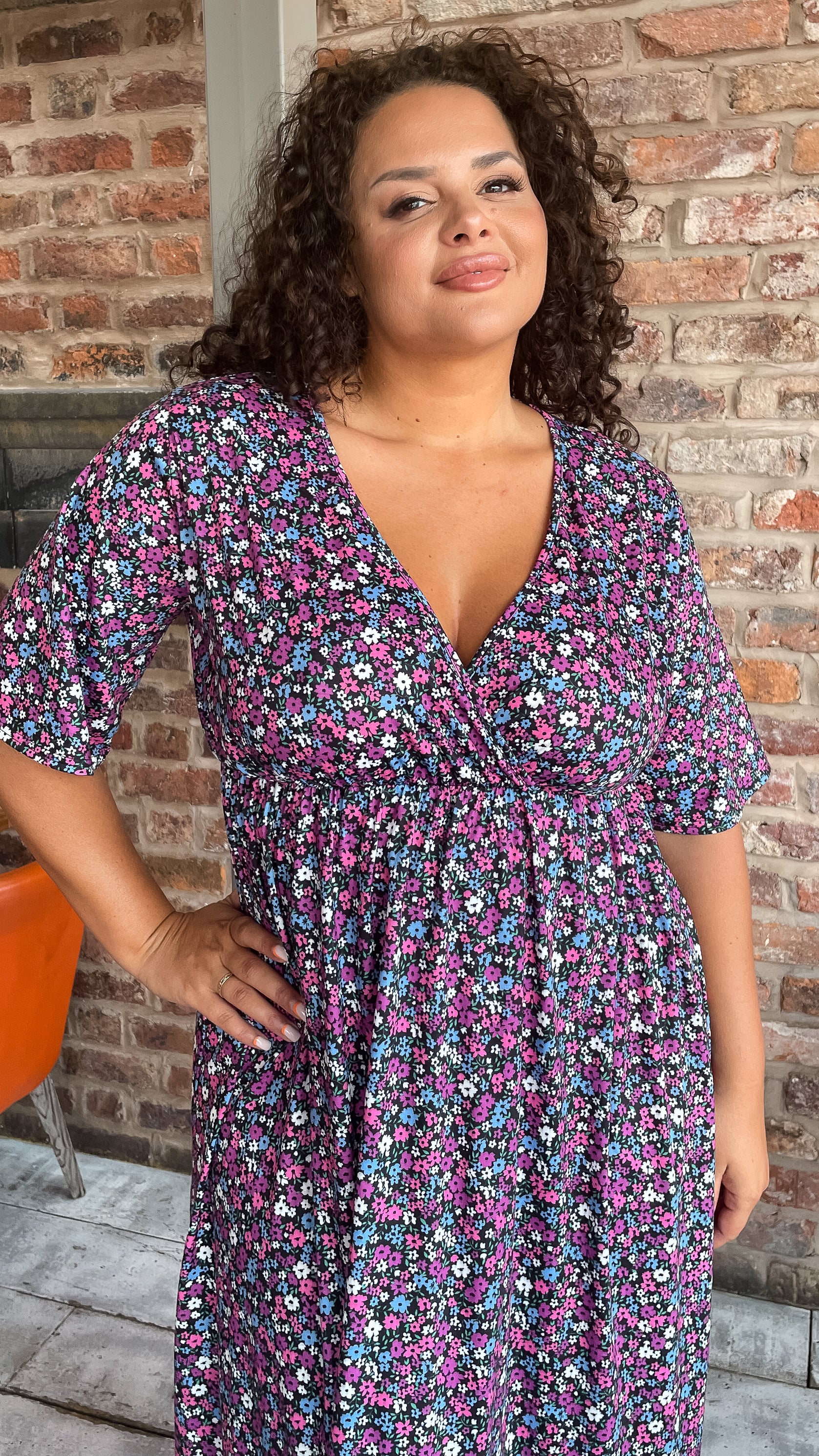 CurveWow Petite Wrap Midi Dress Black Multi Floral