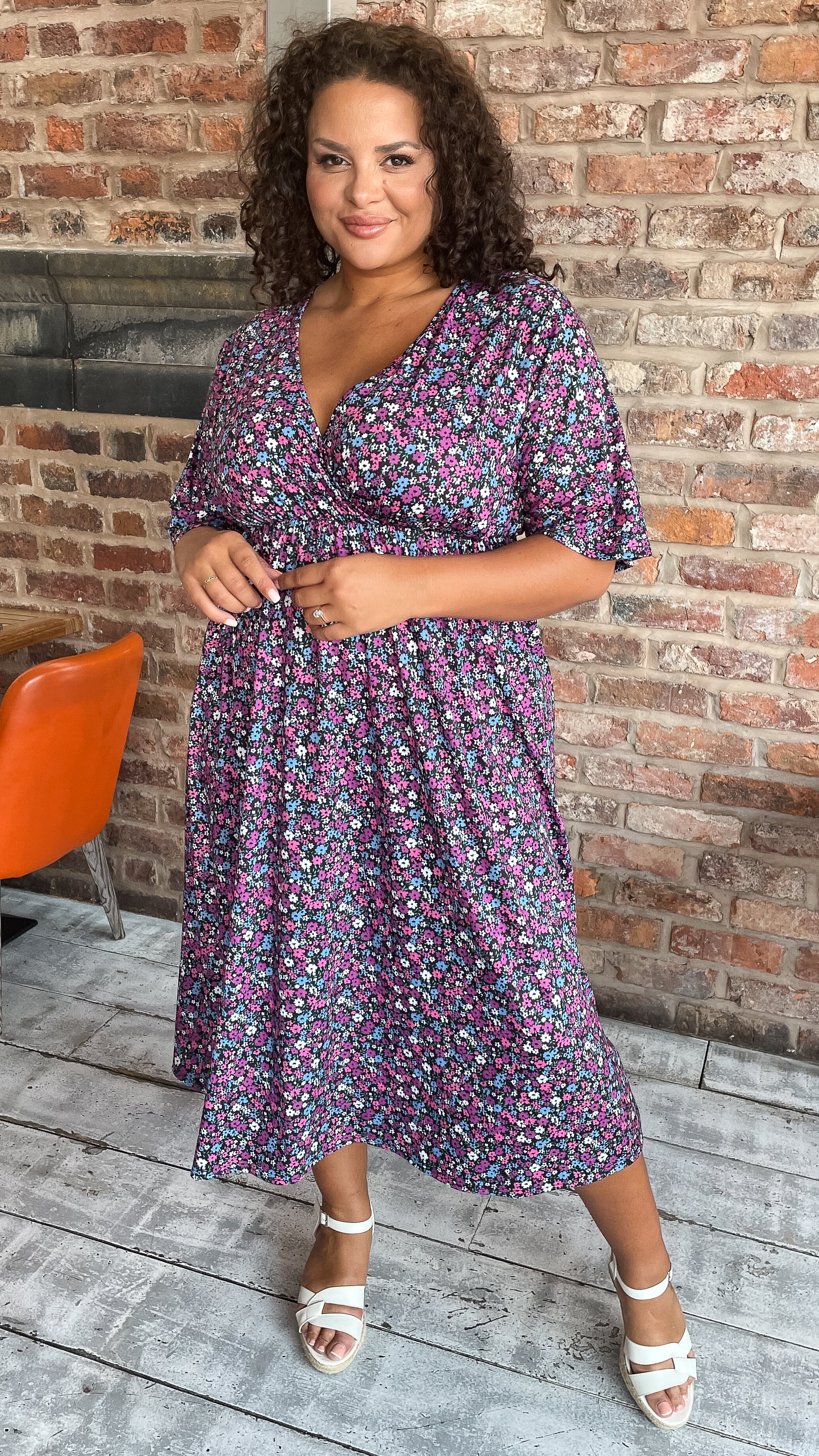 CurveWow Petite Wrap Midi Dress Black Multi Floral