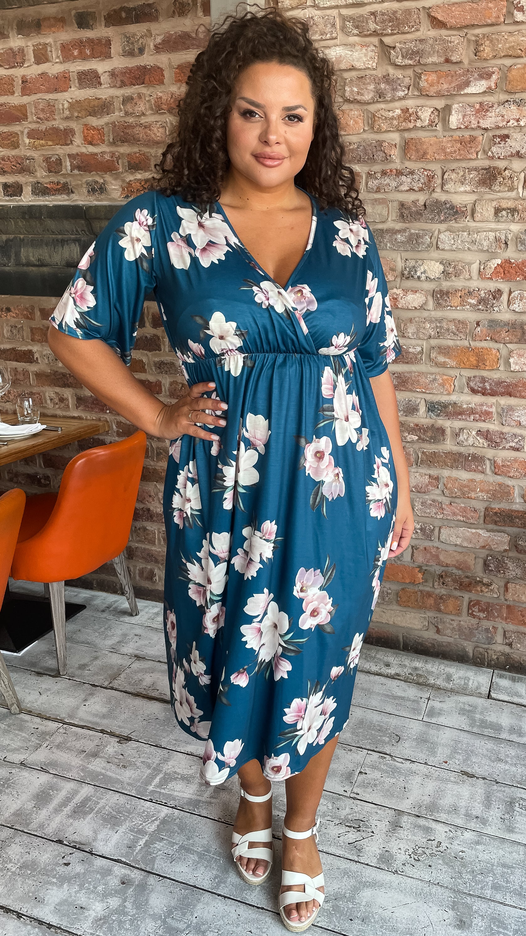 CurveWow Wrap Midi Dress Blue Floral