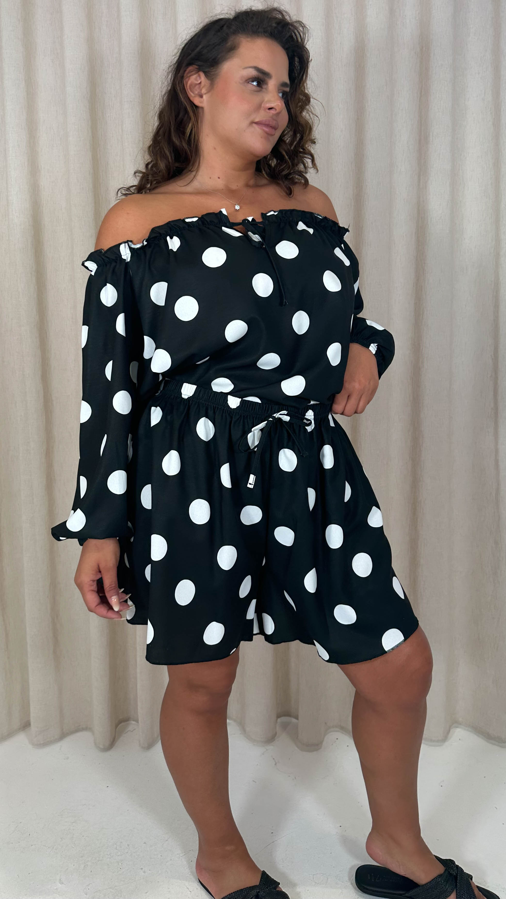 CurveWow Off The Shoulder Lantern Sleeve Tie Front Top Black Polka Dot
