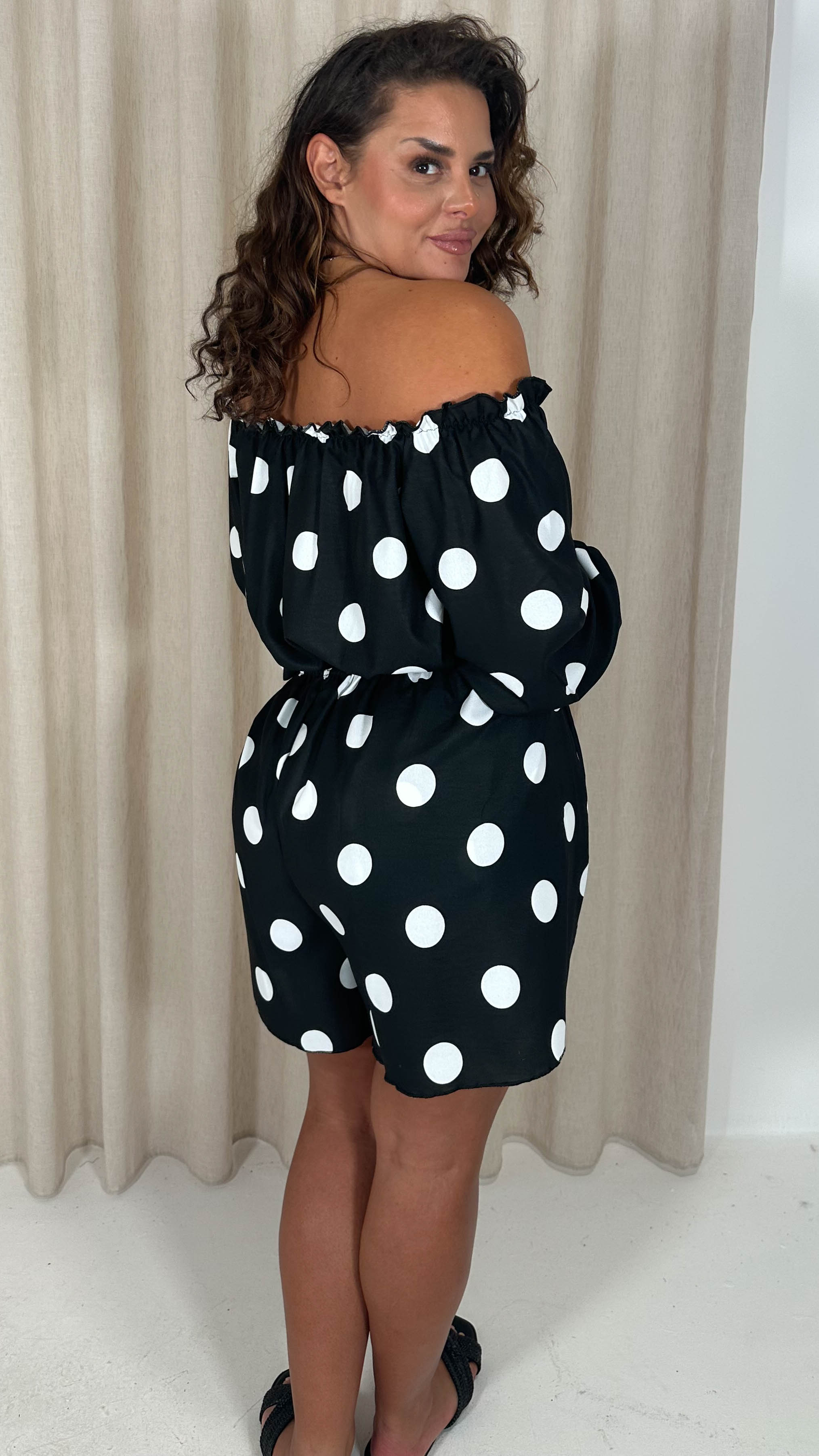 CurveWow Off The Shoulder Lantern Sleeve Tie Front Top Black Polka Dot