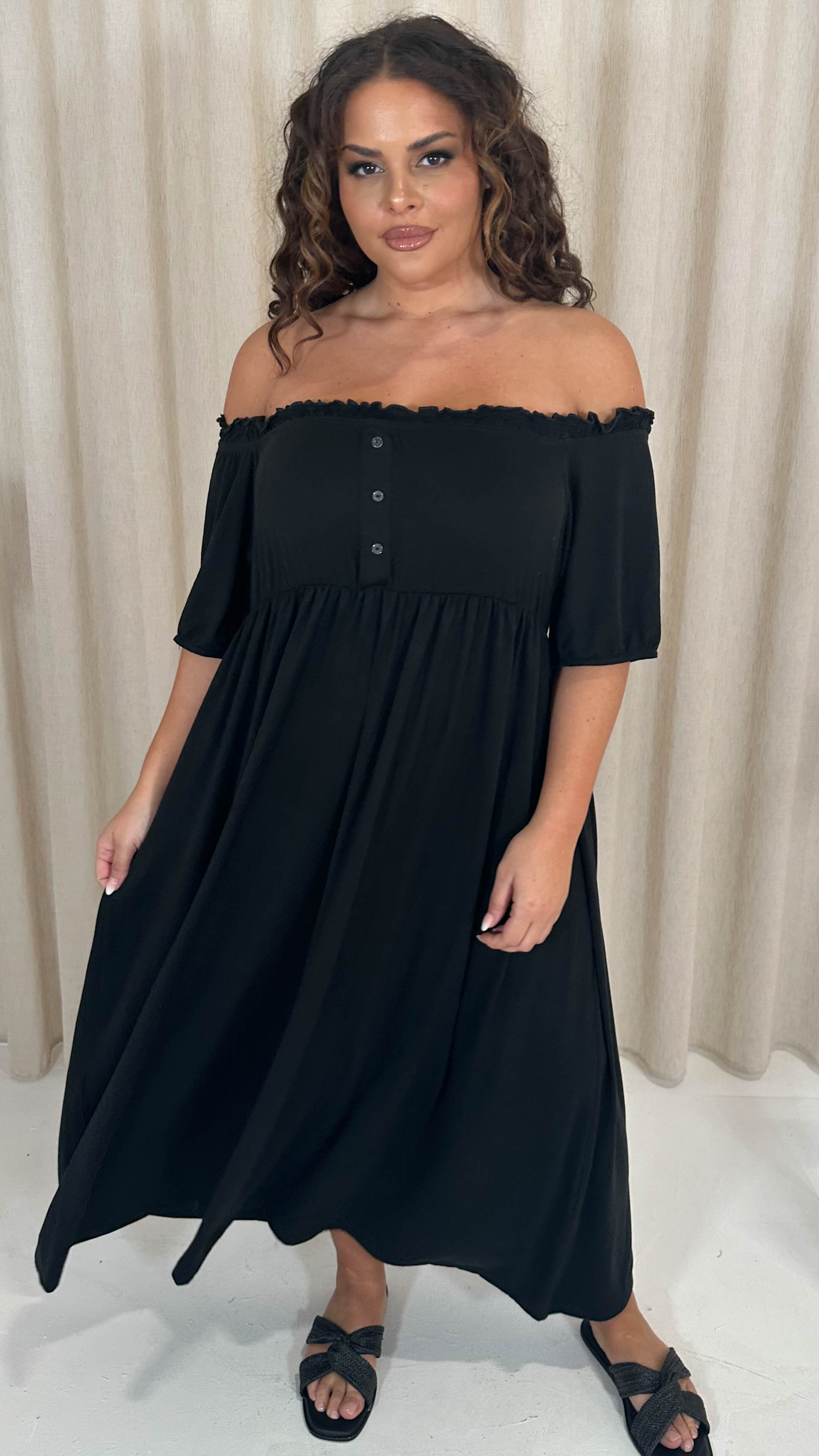 CurveWow Bardot Button Front Dress Black