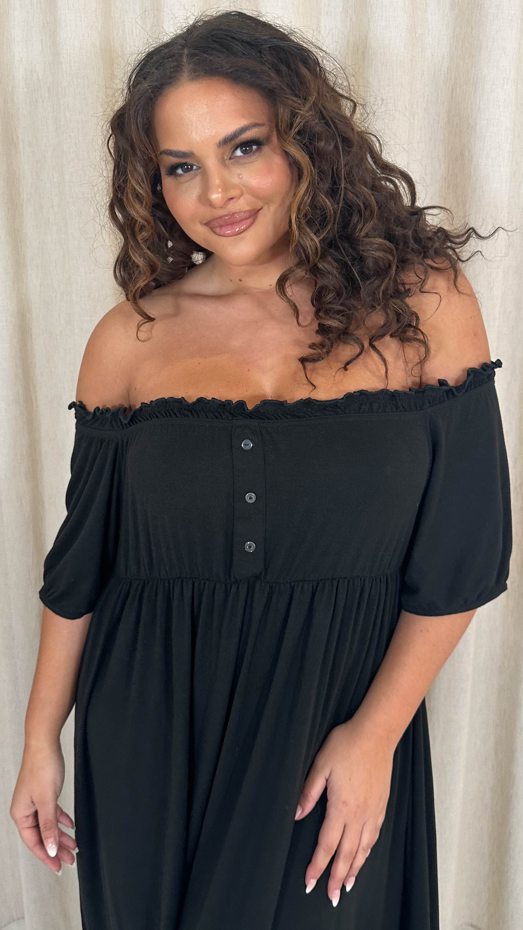 CurveWow Bardot Button Front Dress Black