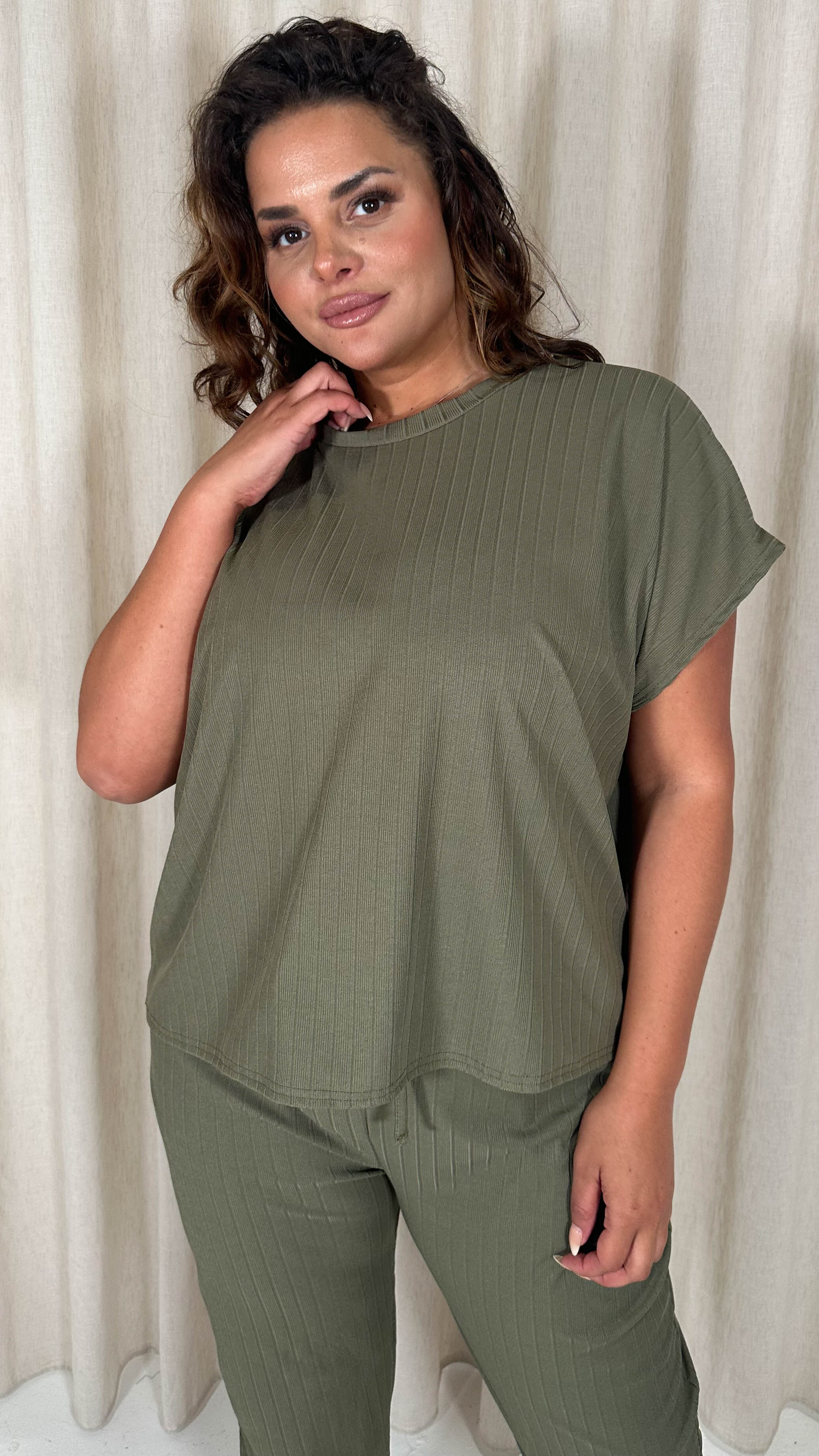 CurveWow Bandage Rib Lounge Oversized T-Shirt Khaki