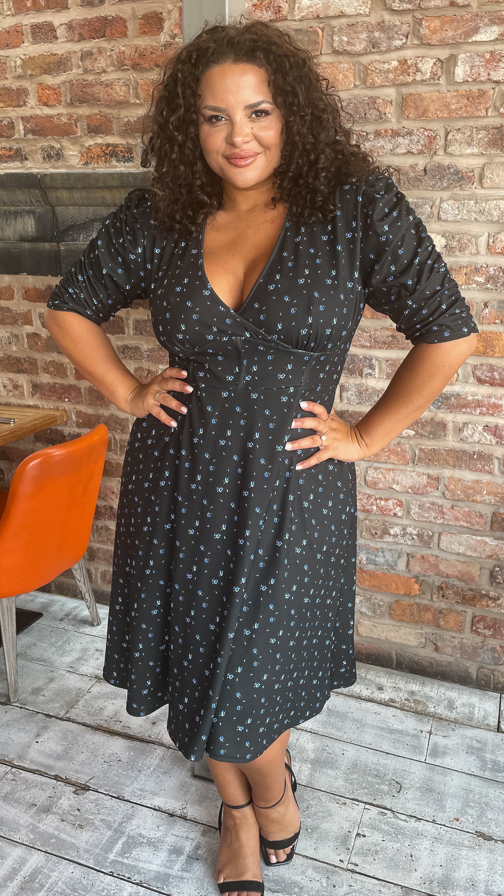 CurveWow Corset Waist Wrap Dress Blue Ditsy Floral