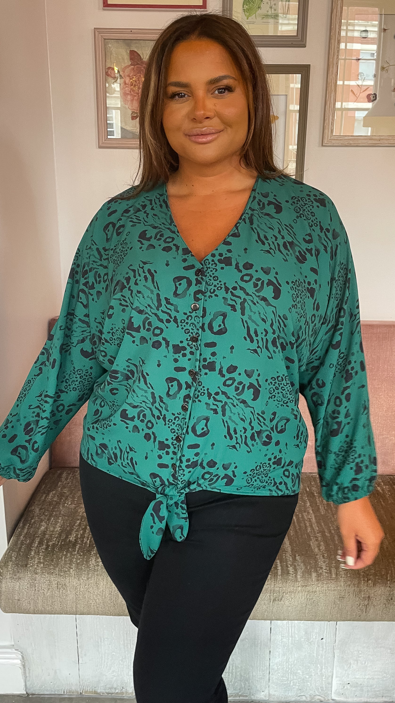 CurveWow Long Sleeve Tie Front Shirt Green Leopard