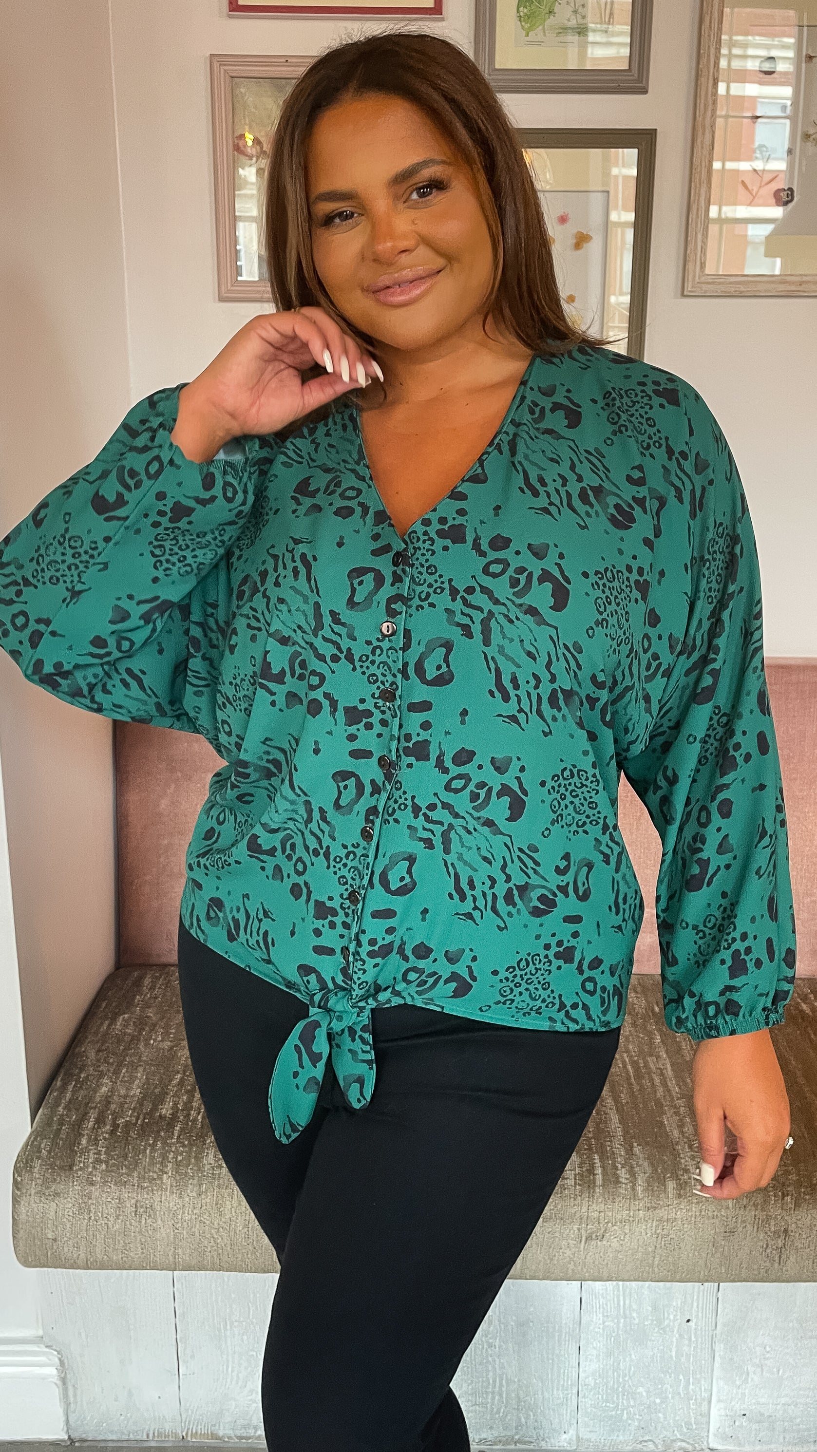 CurveWow Long Sleeve Tie Front Shirt Green Leopard