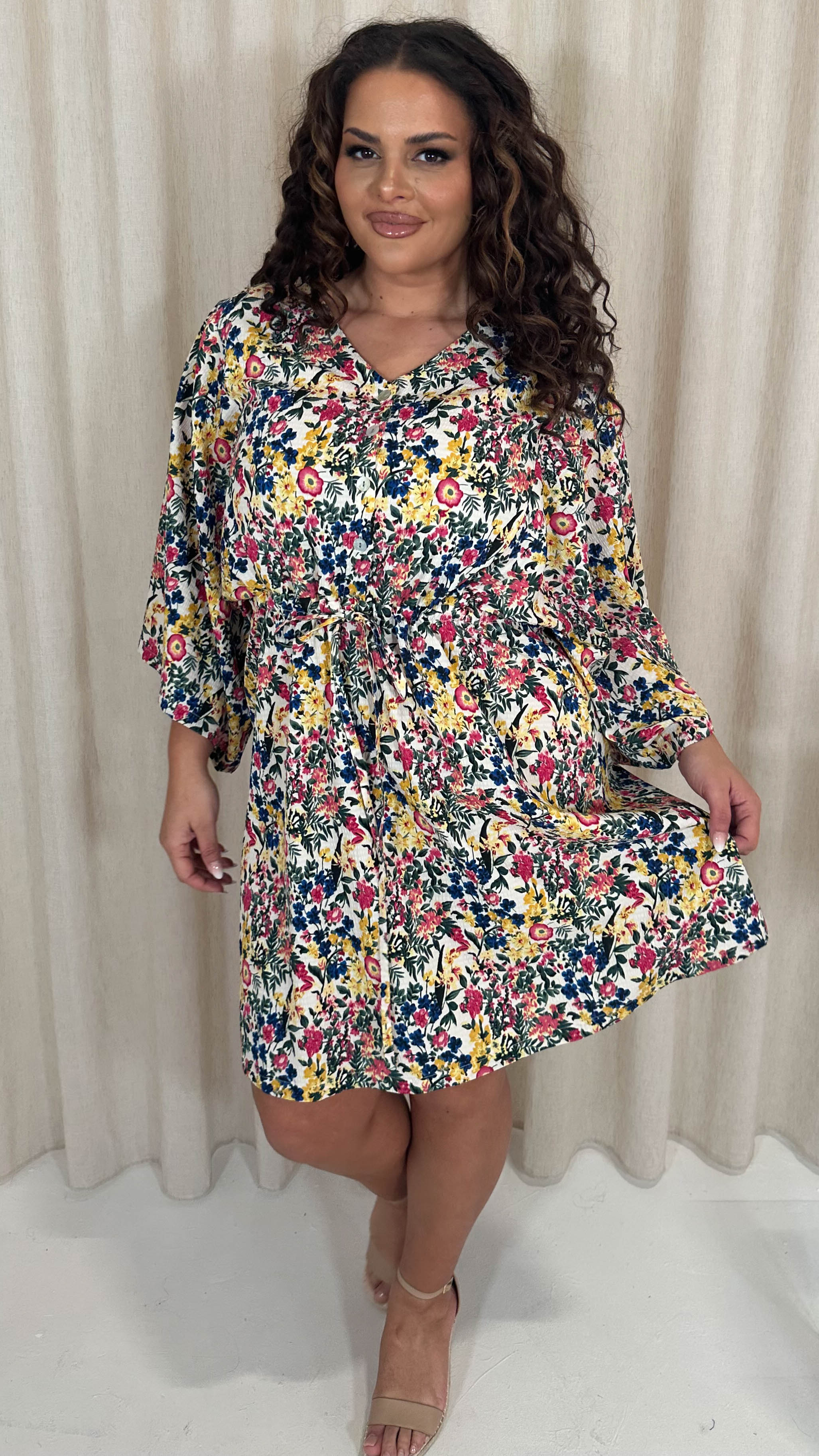 CurveWow Button Front Kimono Sleeve Dress Blue Multi Floral