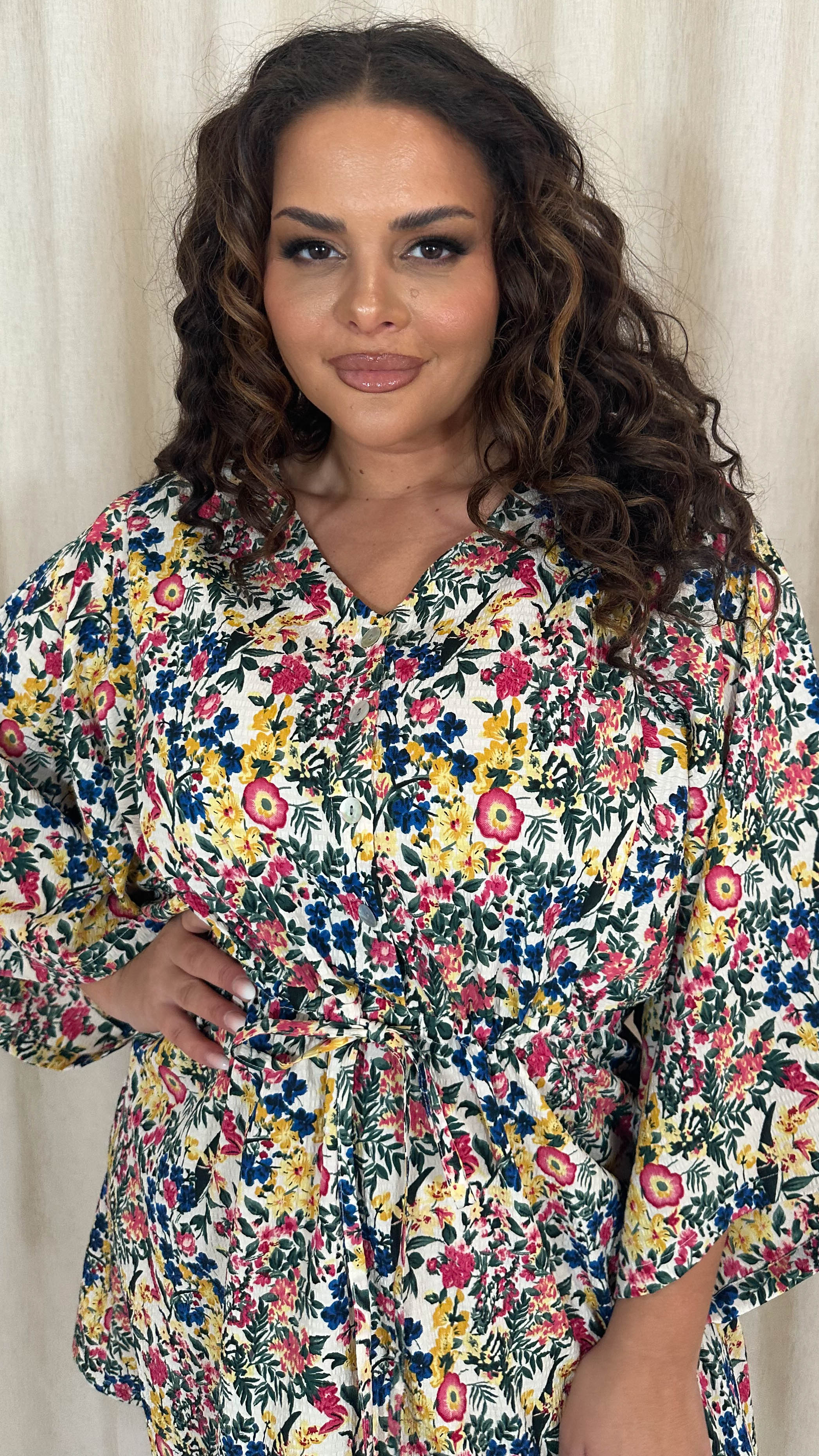 CurveWow Button Front Kimono Sleeve Dress Blue Multi Floral