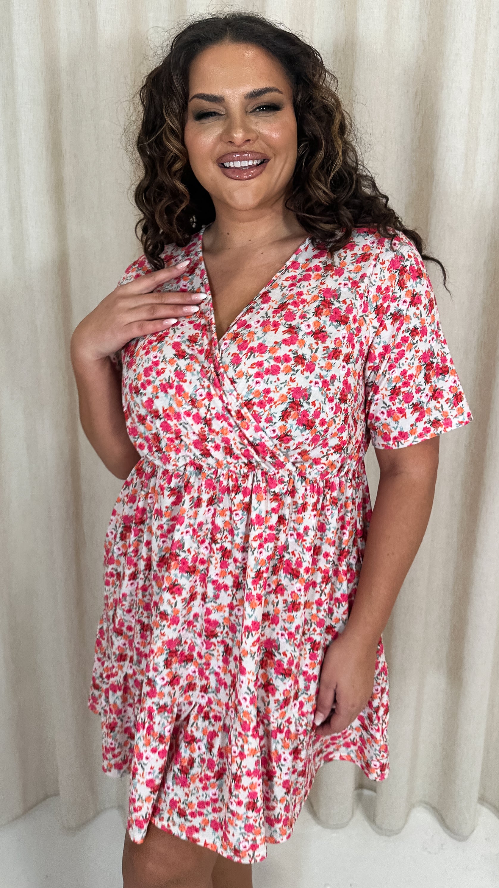CurveWow Tiered Hem Wrap Dress Pink Multi Ditsy