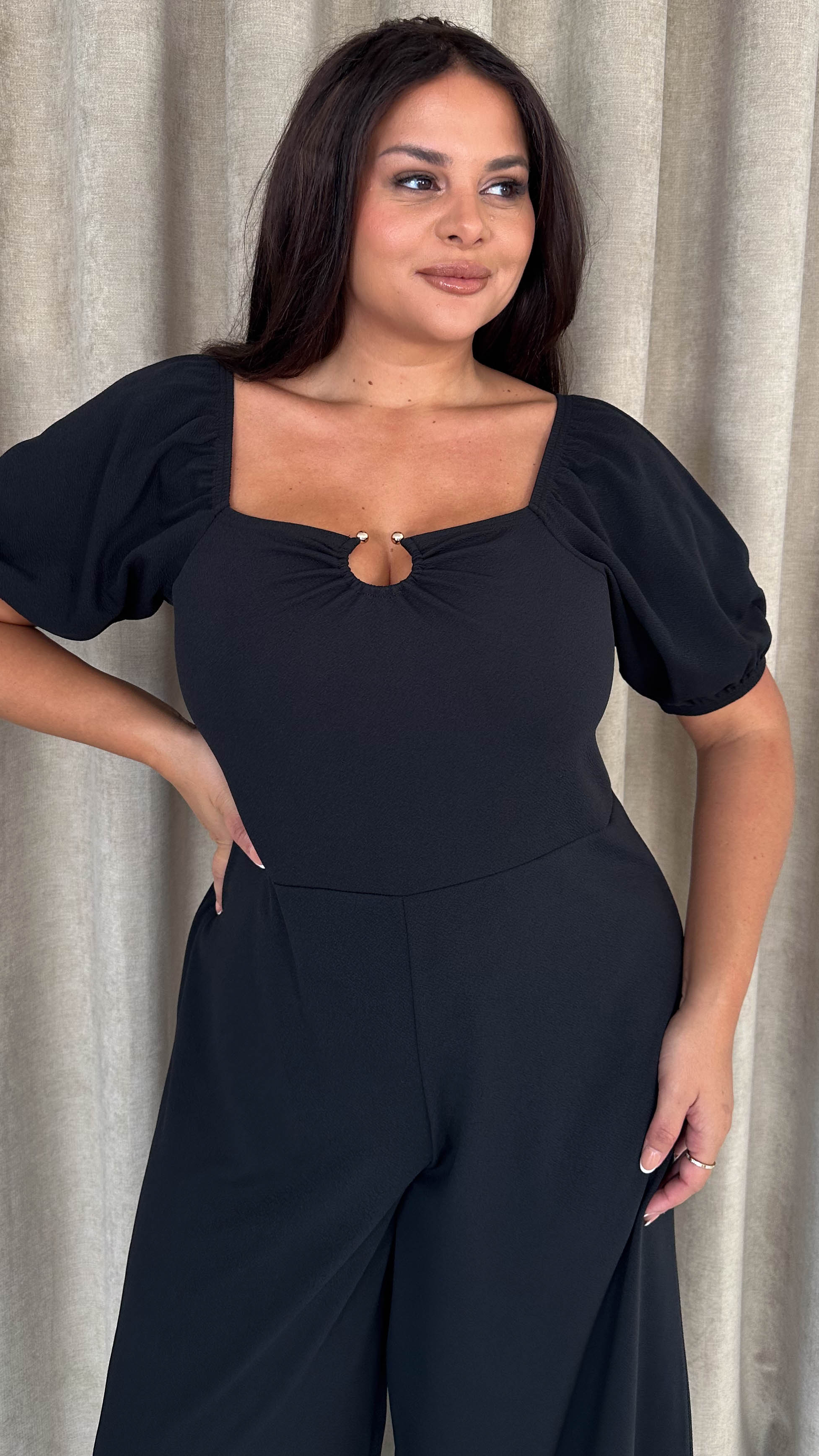 CurveWow O-Ring Milkmaid Wideleg Jumpsuit Black