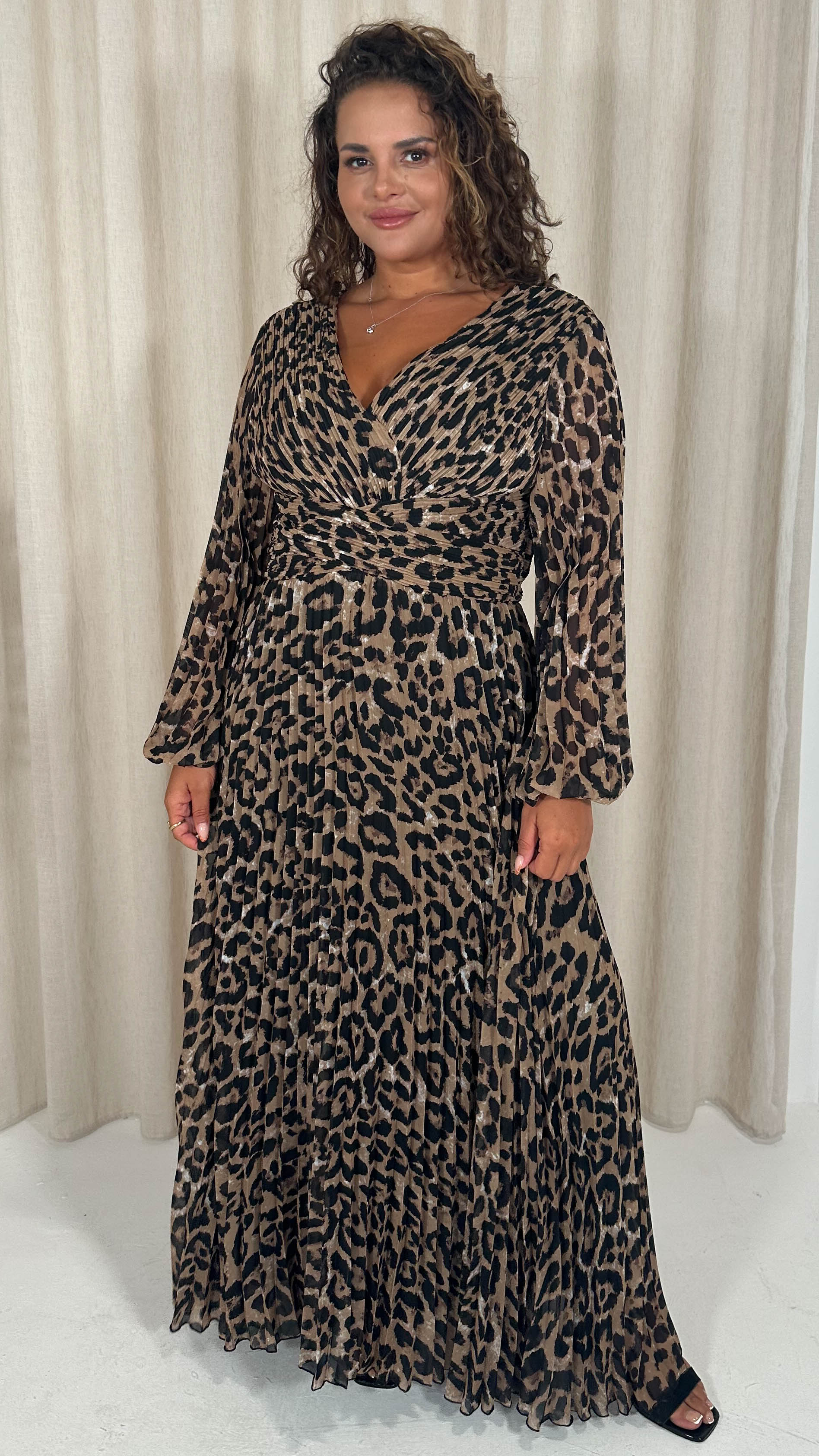 CurveWow Pleated Wrap Maxi Dress Leopard