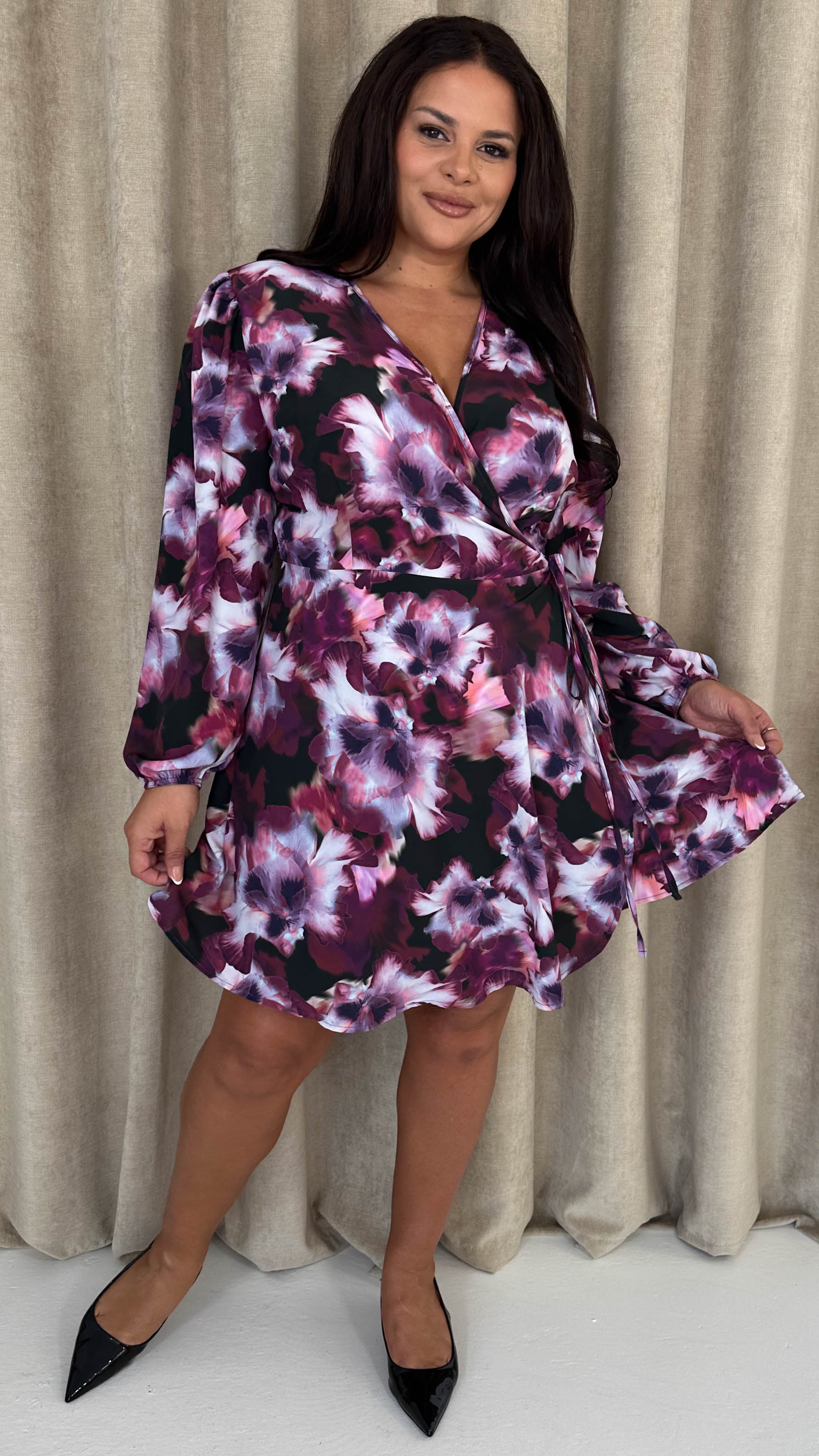 CurveWow Balloon Sleeve Wrap Mini Dress Multi Floral