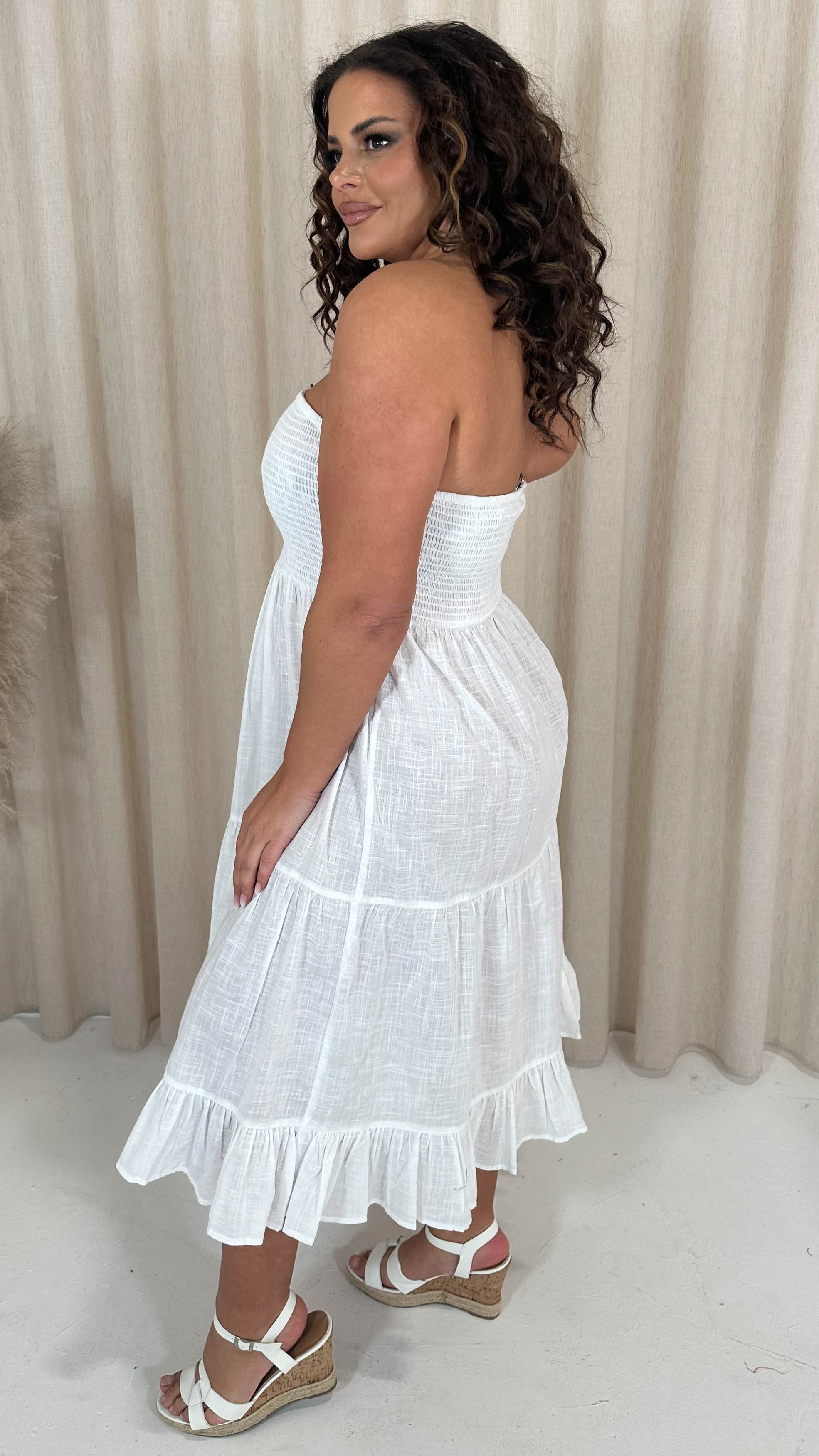 CurveWow Cotton Shirred Bandeau Midi Dress White